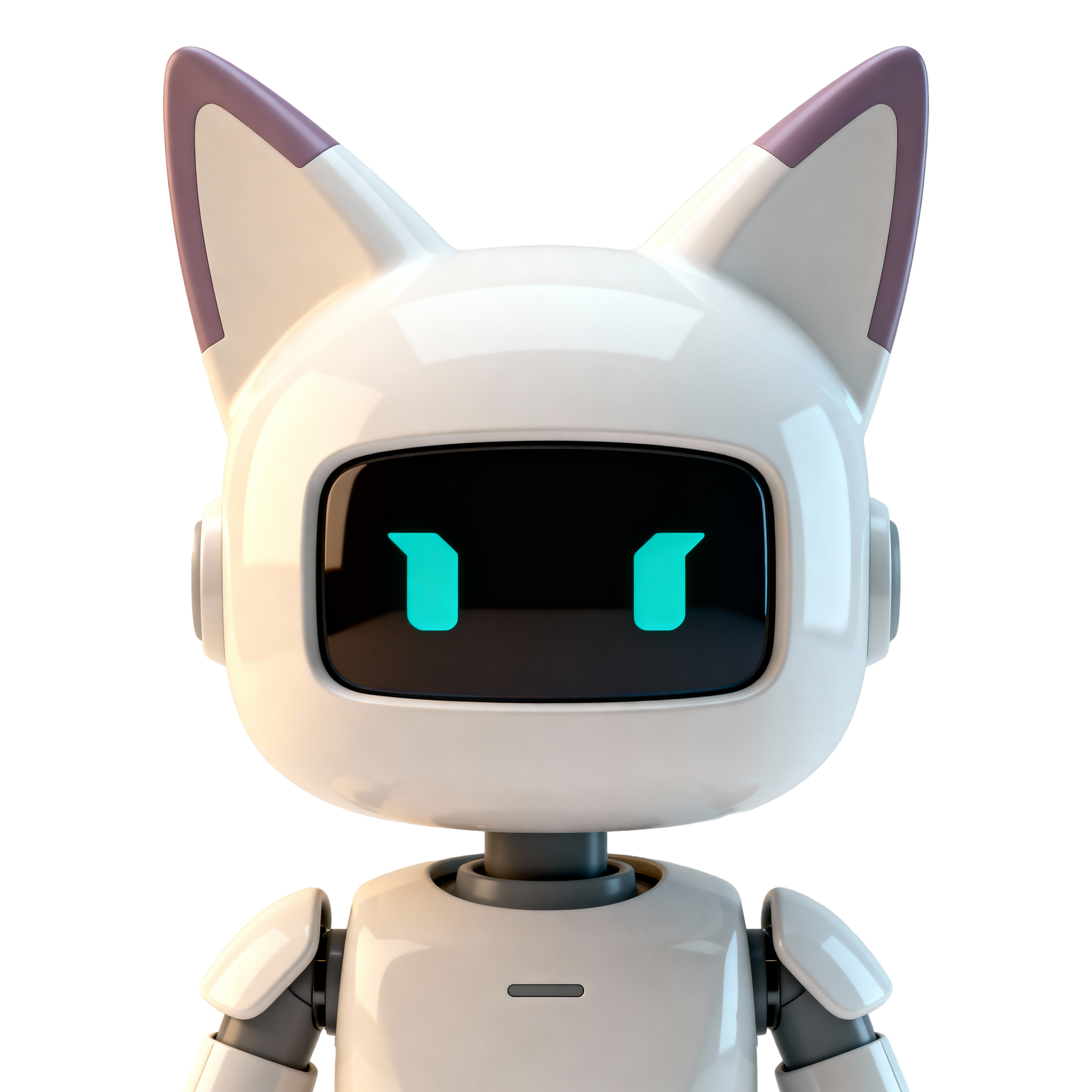 AI-generated portrait of a compact android with a rounded head, digital face screen, and ear-like antenna shapes, posed facing forward against a transparent background in diffused light.