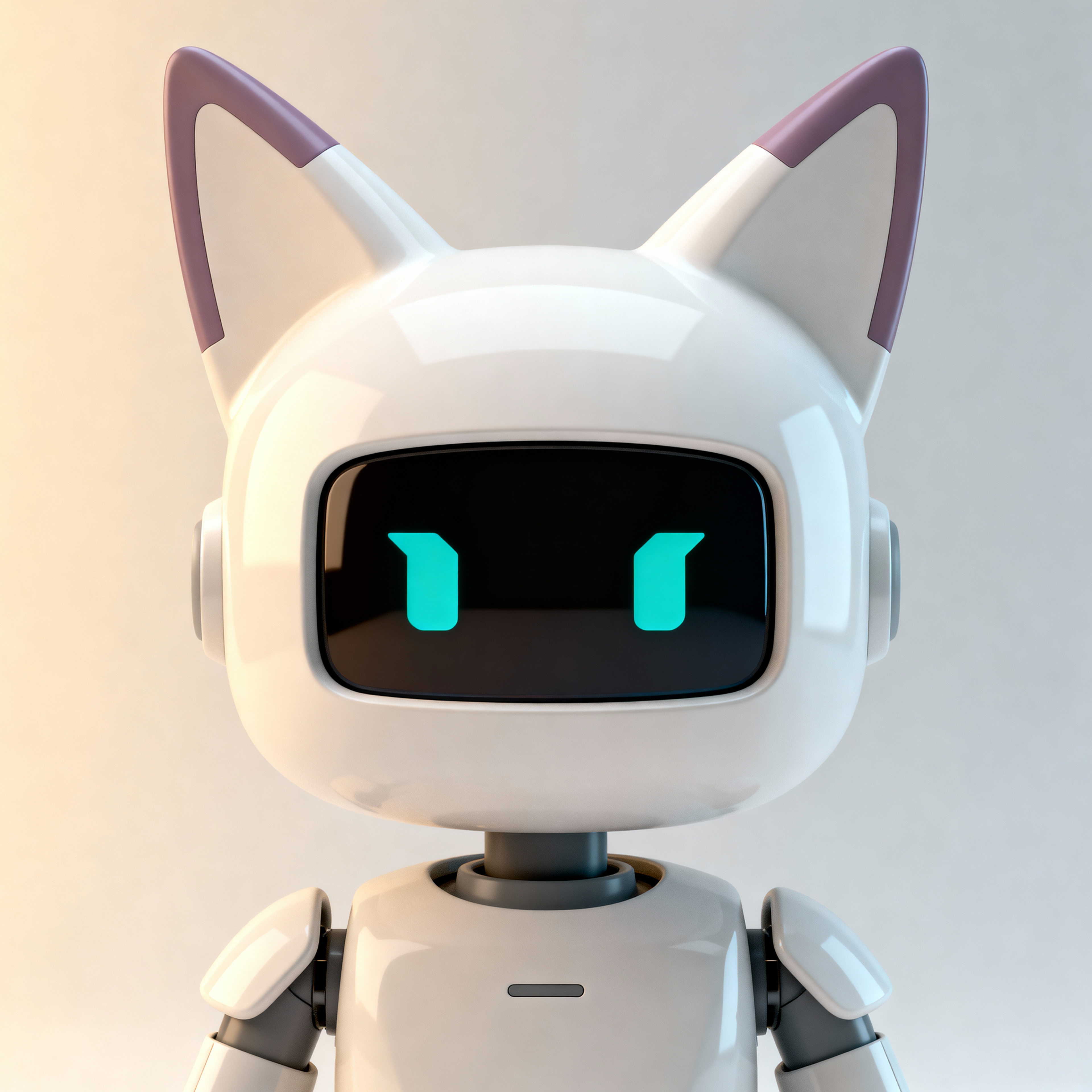 AI-generated portrait of a compact android with a rounded head, digital face screen, and ear-like antenna shapes, posed facing forward against a warm gradient background in diffused light.
