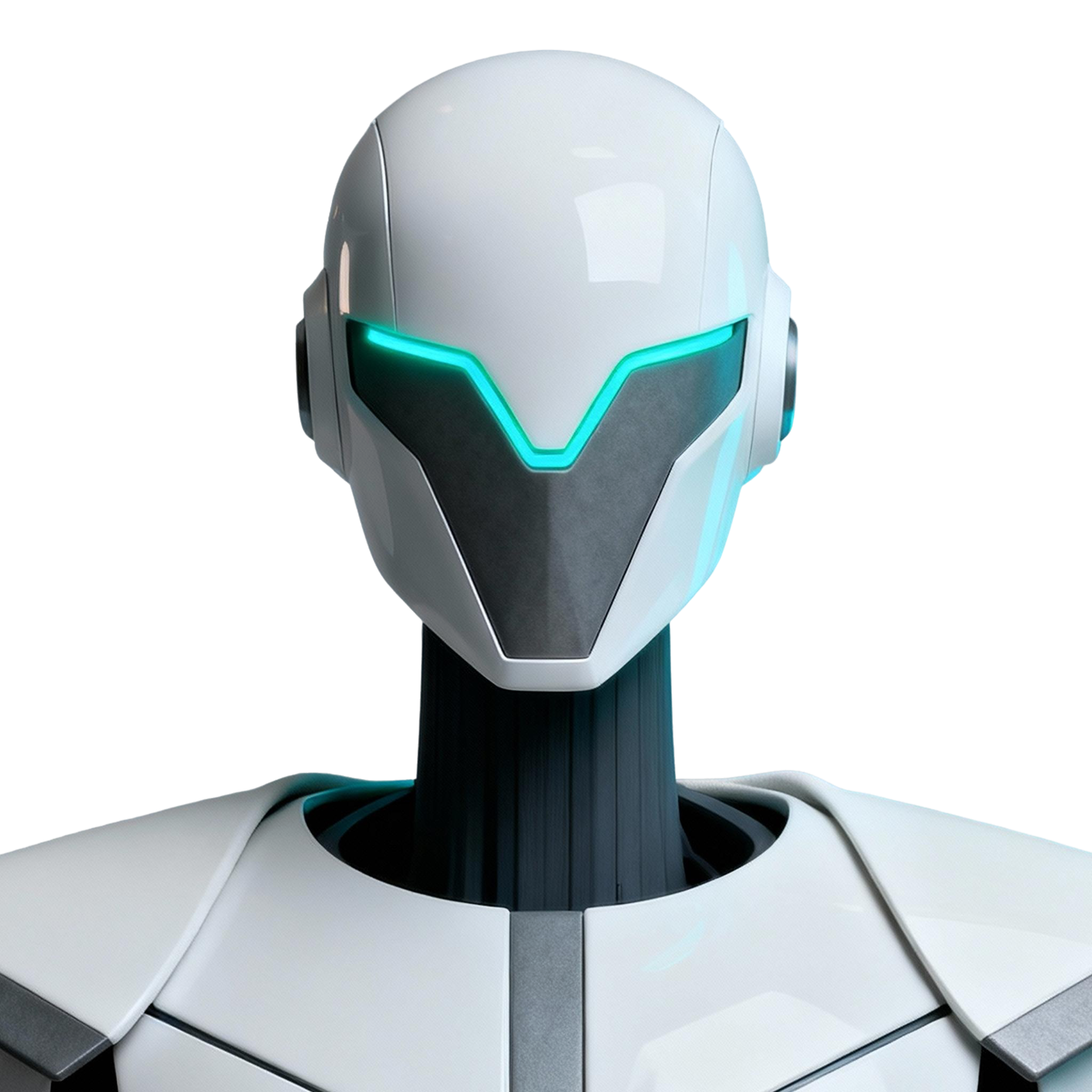 AI-generated portrait of a humanoid android with angular helmet plating and glowing teal visor lines, posed facing forward against a transparent background in directional light.