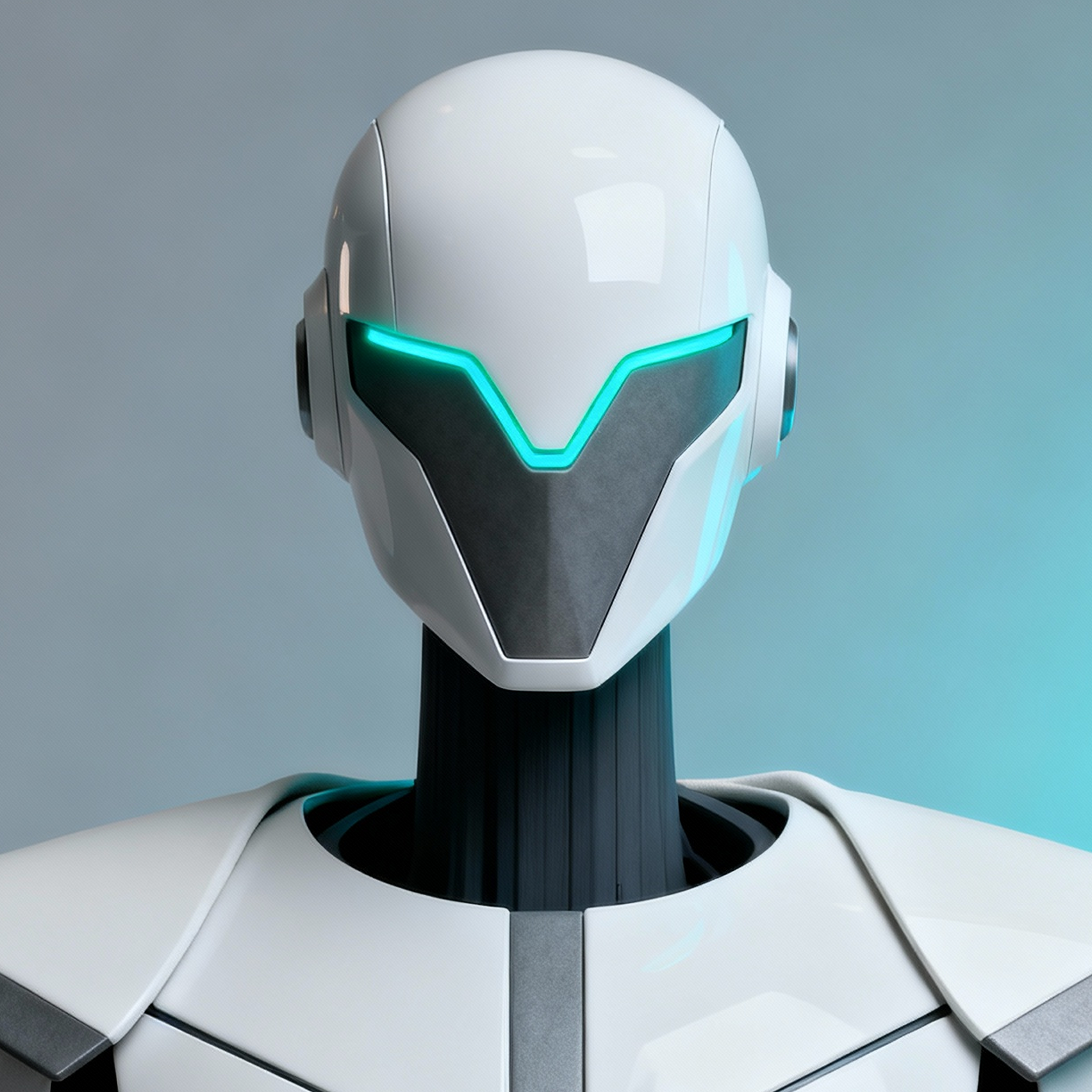 AI-generated portrait of a humanoid android with angular helmet plating and glowing teal visor lines, posed facing forward against a cool gray background in directional light.
