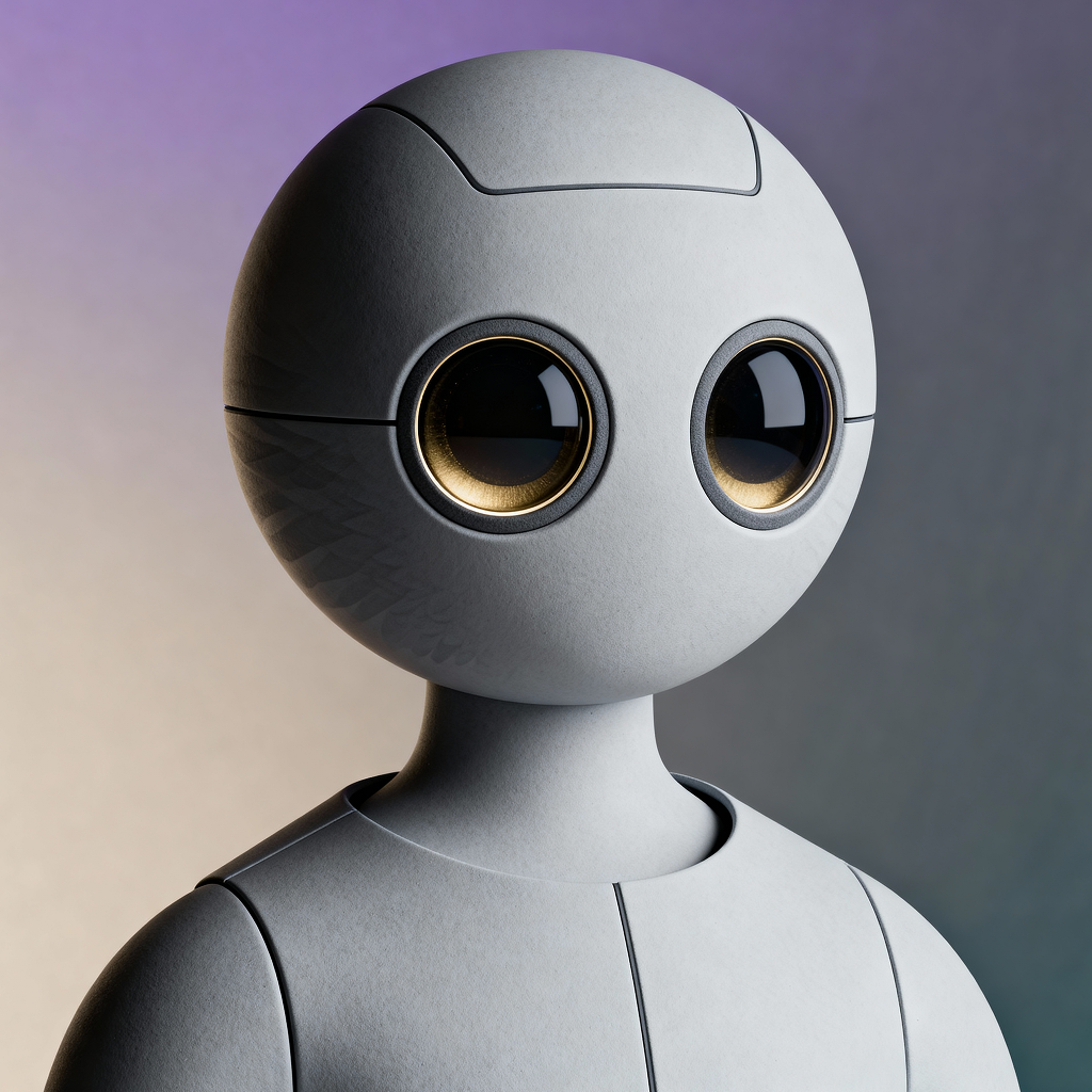AI-generated portrait of a service android with a smooth spherical head and large circular eyes, wearing a matte synthetic shell, posed facing forward against a muted gradient background in diffused light.