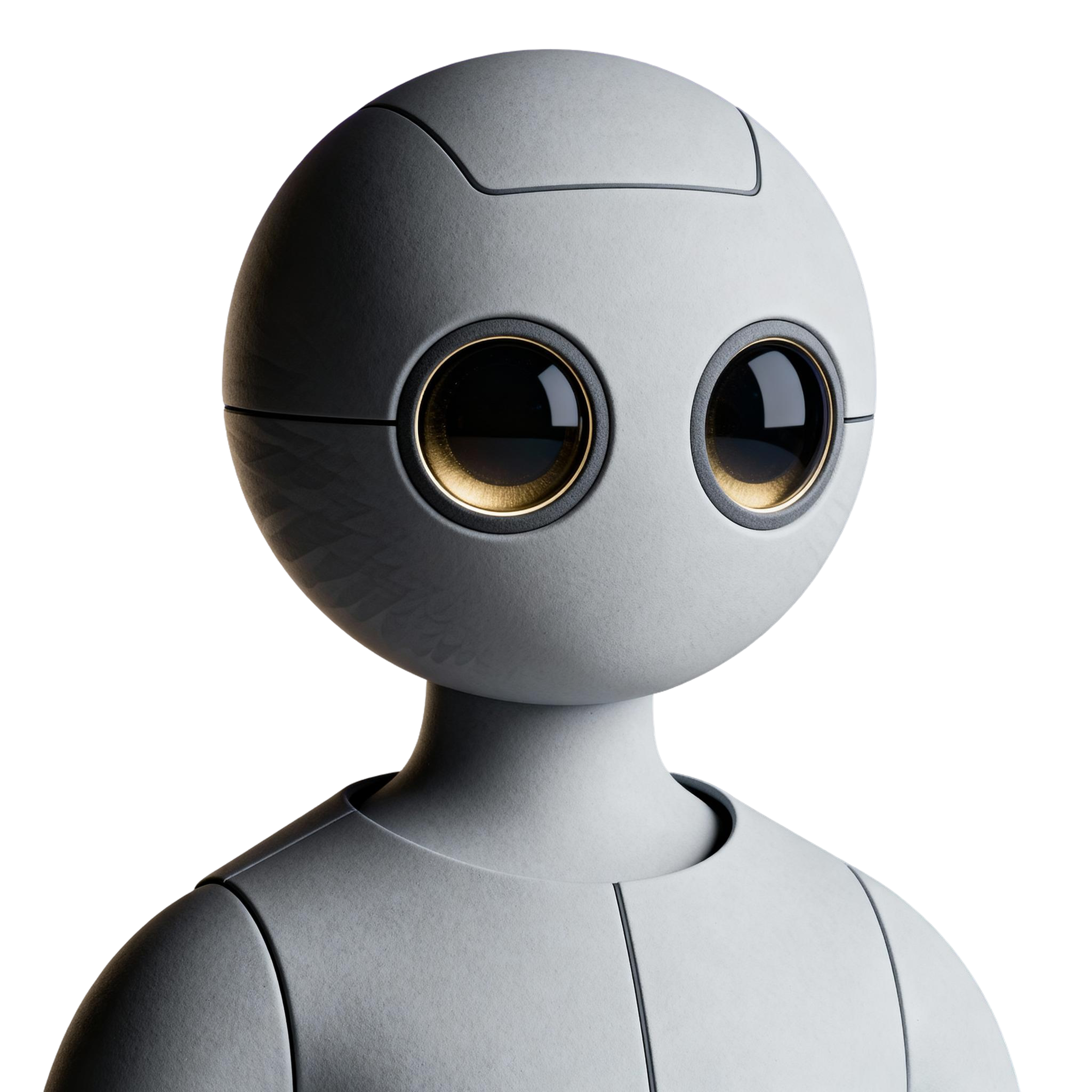 AI-generated portrait of a service android with a smooth spherical head and large circular eyes, wearing a matte synthetic shell, posed facing forward against a transparent background in diffused light.