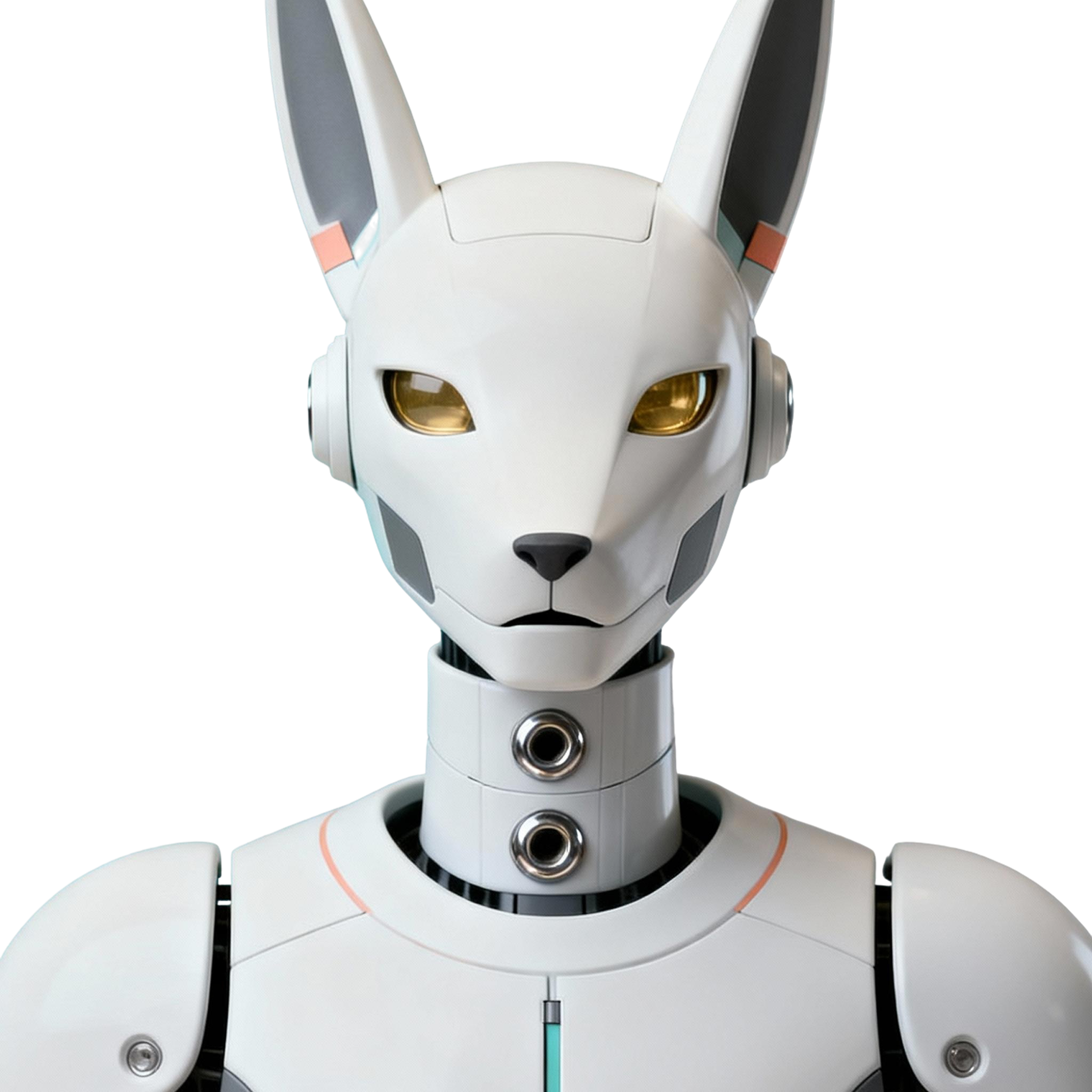 AI-generated portrait of a humanoid android with angular ear-like structures and narrow glowing eyes, wearing smooth white armor, posed facing forward against a transparent background in diffused light.