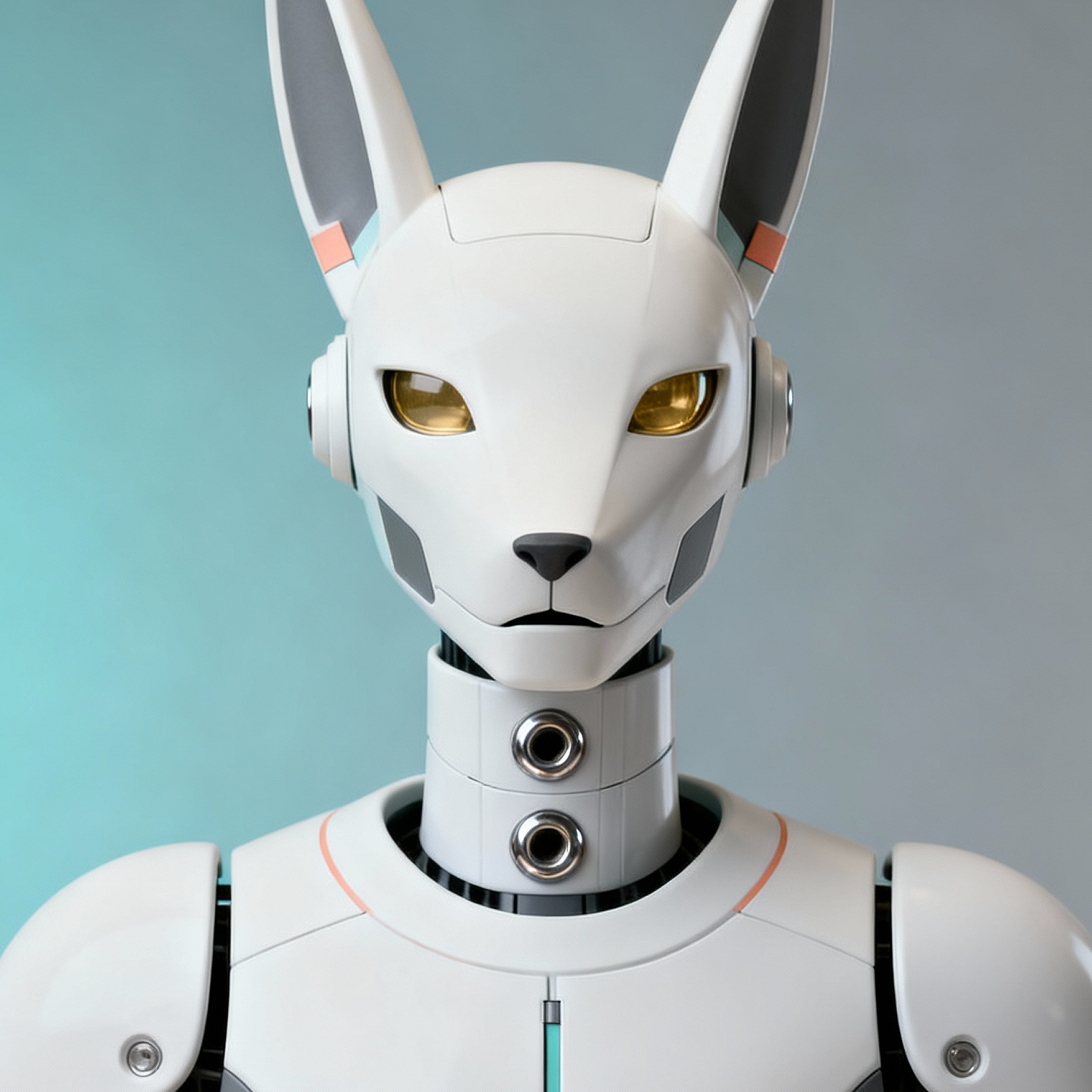 AI-generated portrait of a humanoid android with angular ear-like structures and narrow glowing eyes, wearing smooth white armor, posed facing forward against a cool gradient background in diffused light.