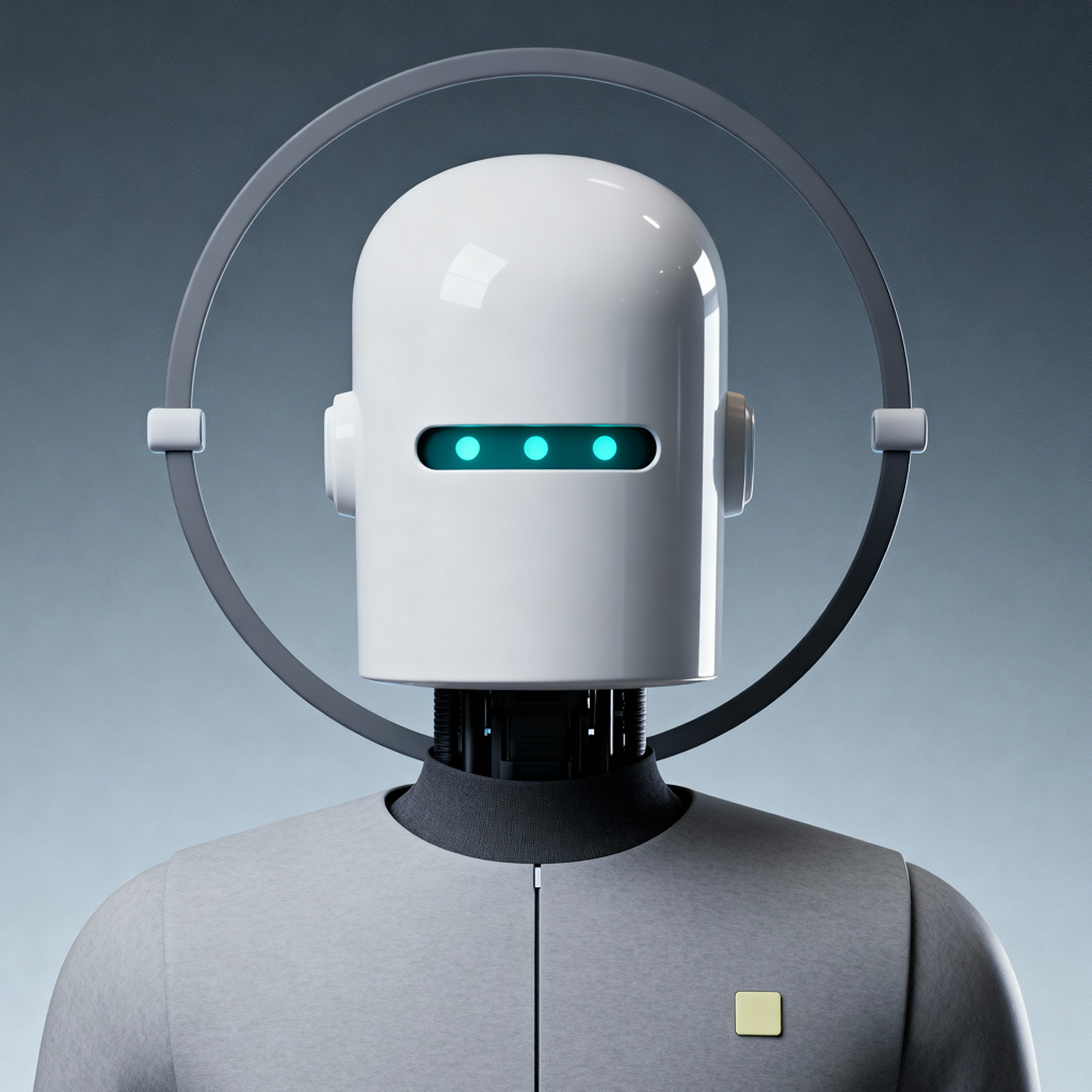AI-generated portrait of a cylindrical-headed android with a circular halo frame and glowing horizontal eye strip, wearing a smooth synthetic body, posed facing forward against a gray gradient background in diffused light.