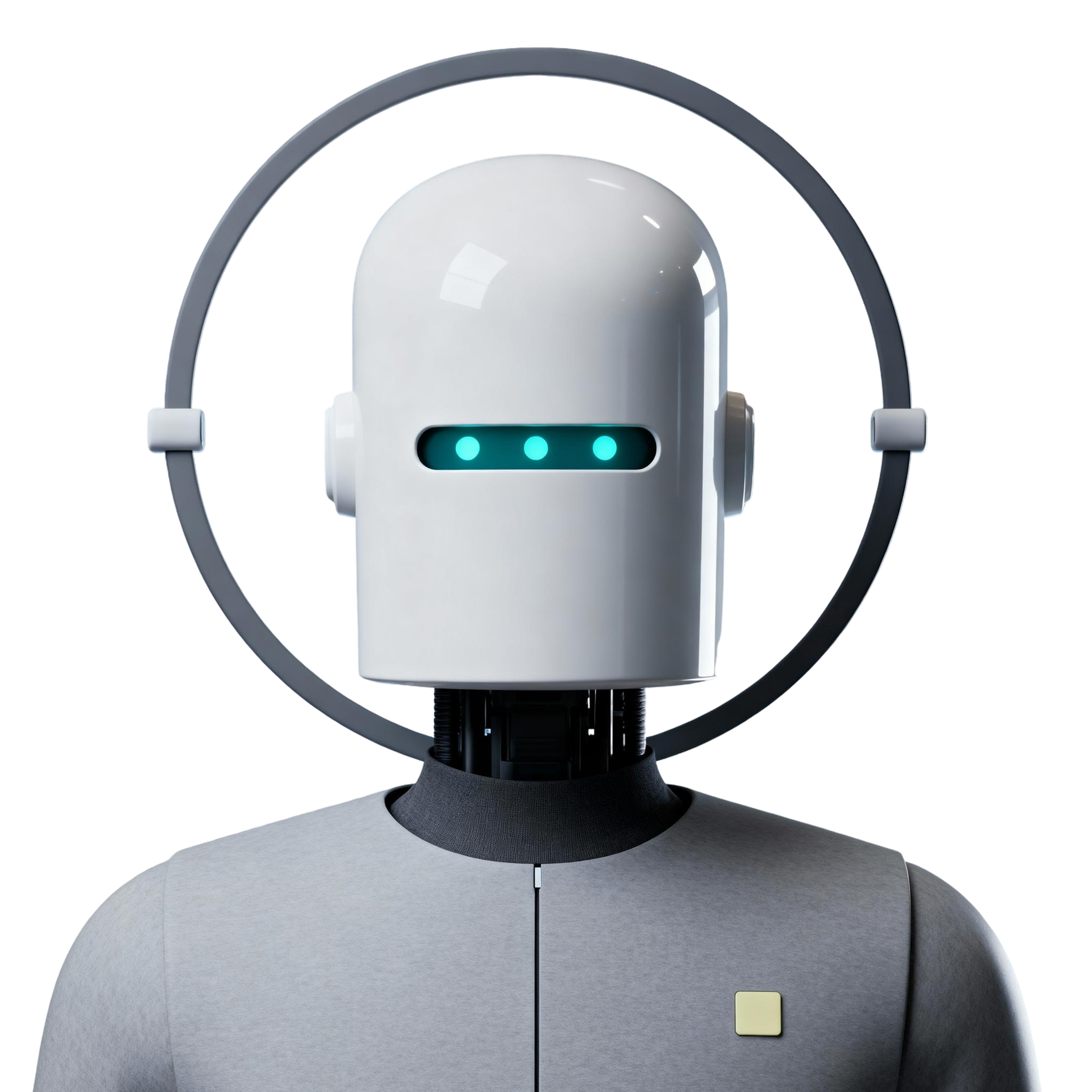 AI-generated portrait of a cylindrical-headed android with a circular halo frame and glowing horizontal eye strip, wearing a smooth synthetic body, posed facing forward against a transparent background in diffused light.