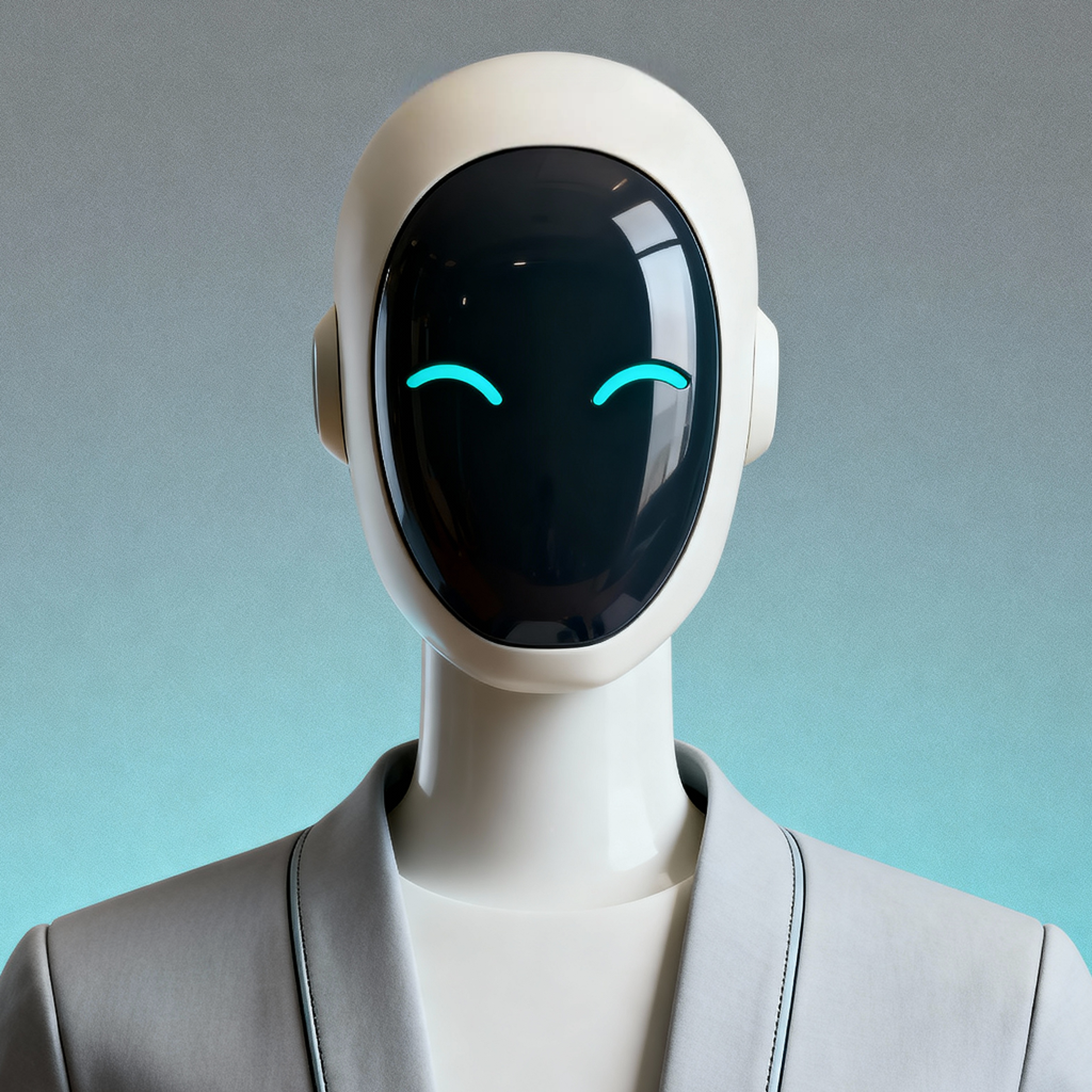 AI-generated portrait of an adult person with a smooth reflective android faceplate and glowing curved eye elements, wearing a minimal synthetic shell, posed with a calm expression against a soft gradient background in diffused light.