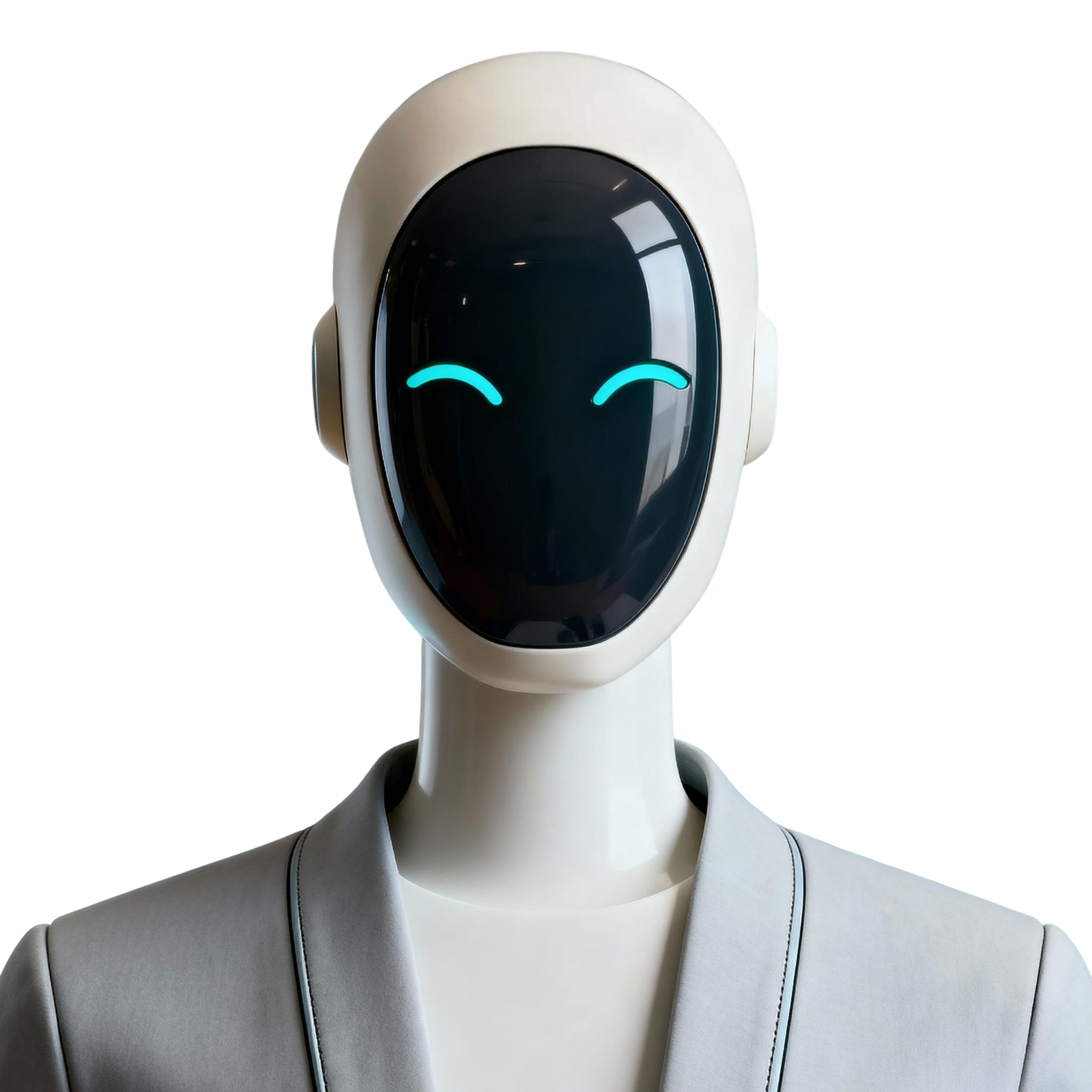 AI-generated portrait of an adult person with a smooth reflective android faceplate and glowing curved eye elements, wearing a minimal synthetic shell, posed with a calm expression against a transparent background in diffused light.