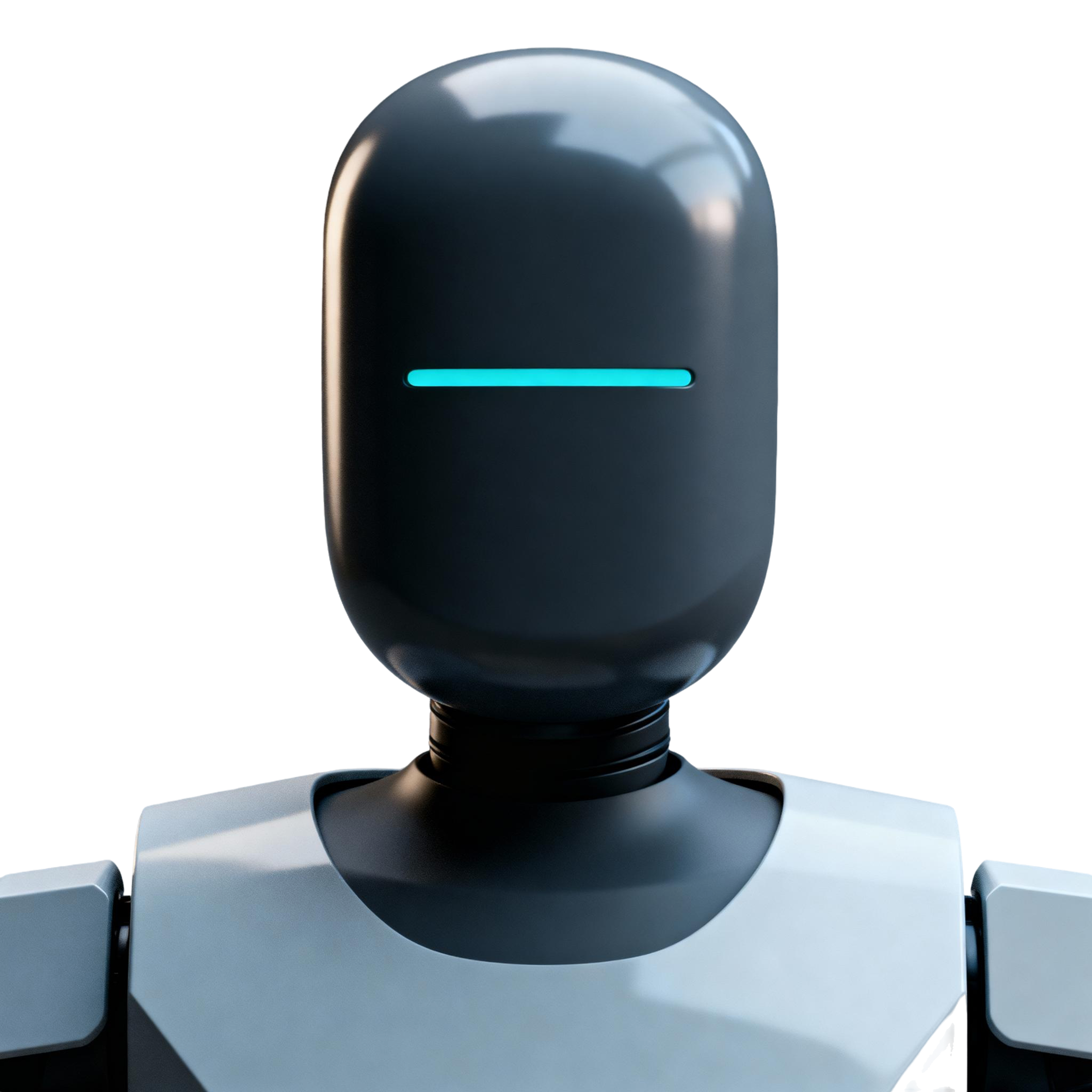 AI-generated portrait of an adult person with a matte android head and horizontal light bar display, wearing a minimal robotic torso, posed with a neutral expression against a transparent background in cool diffused light.