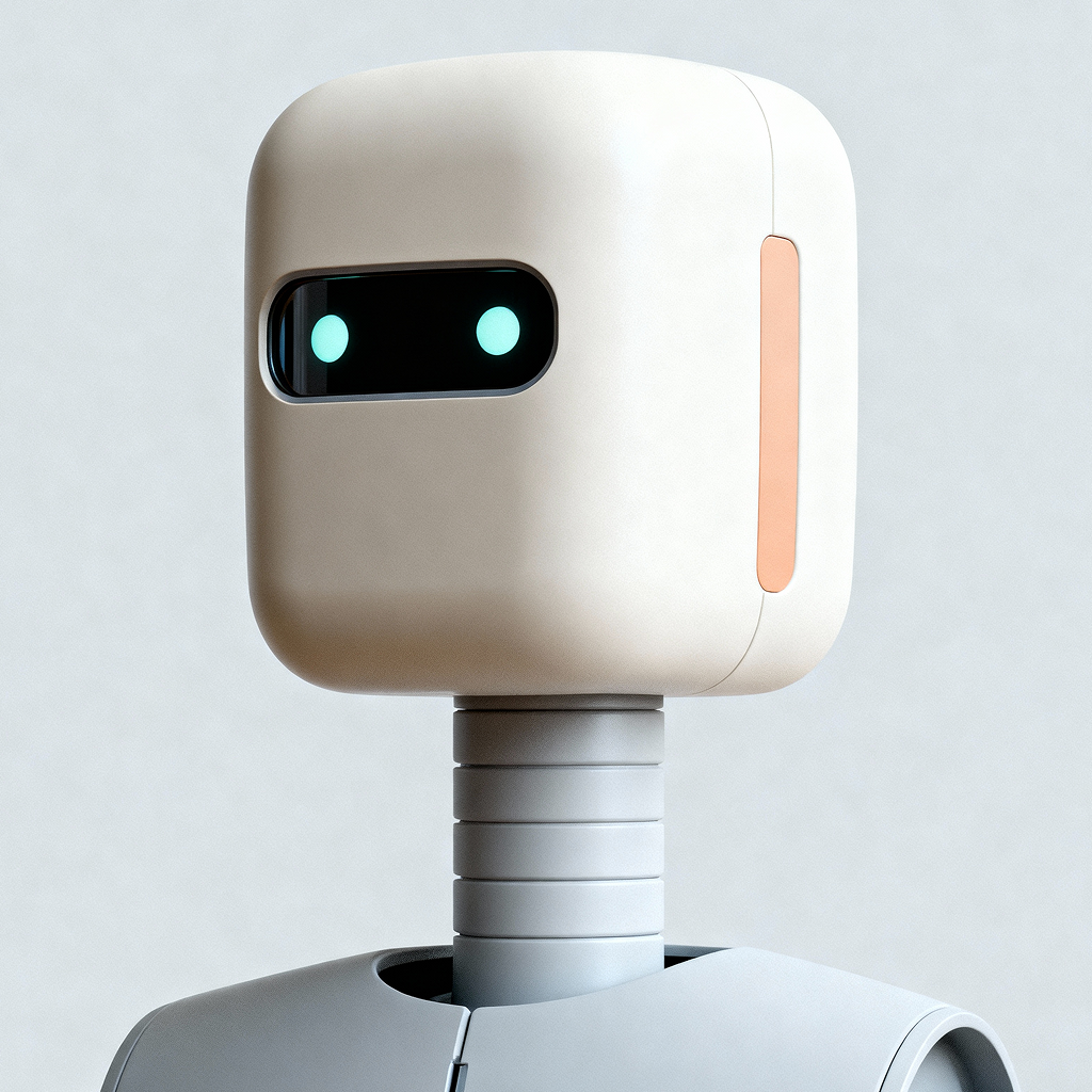 AI-generated portrait of an adult person with a rounded android head and glowing eye display, wearing a smooth synthetic body shell, posed with a gentle expression against a light neutral background in soft light.