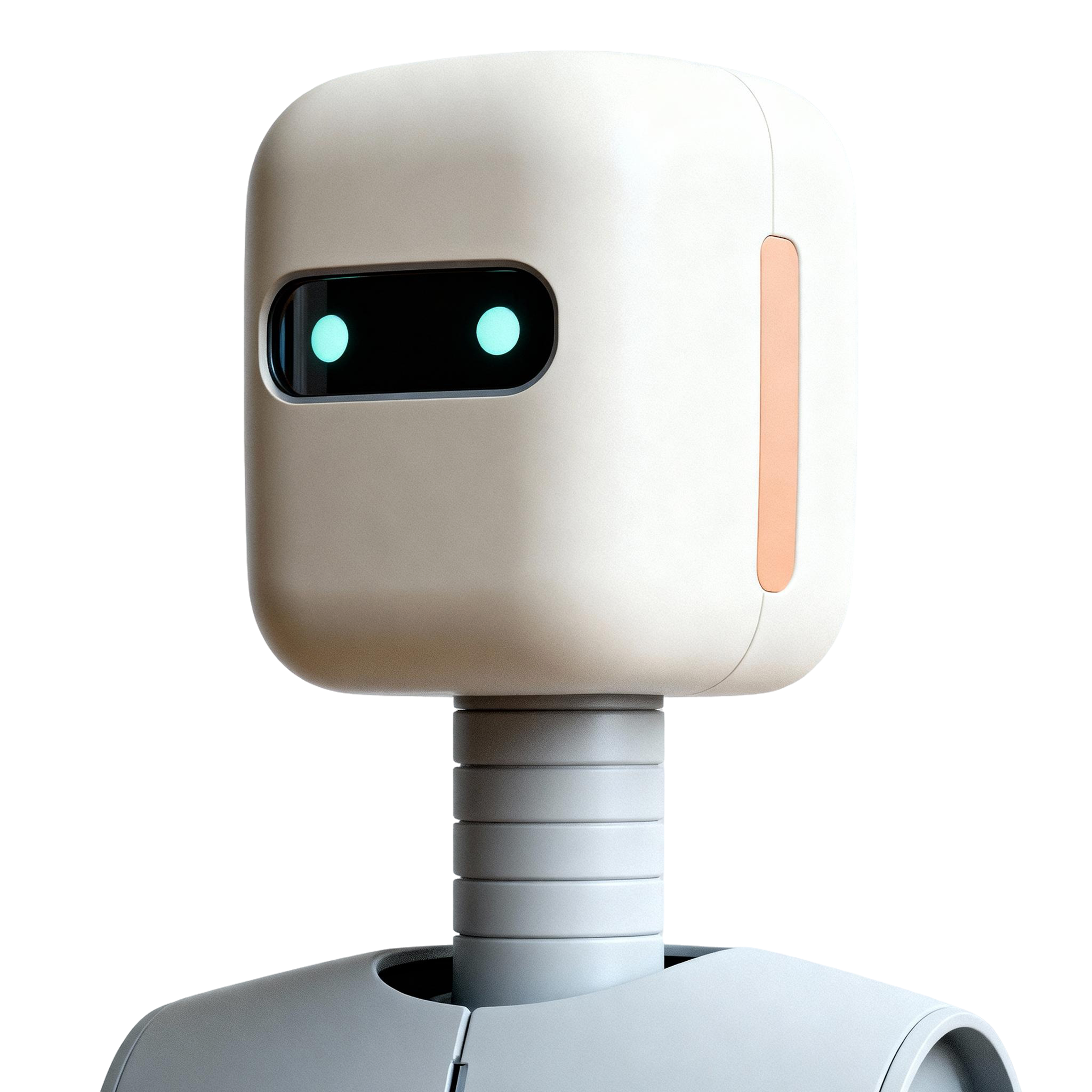 AI-generated portrait of an adult person with a rounded android head and glowing eye display, wearing a smooth synthetic body shell, posed with a gentle expression against a transparent background in soft light.