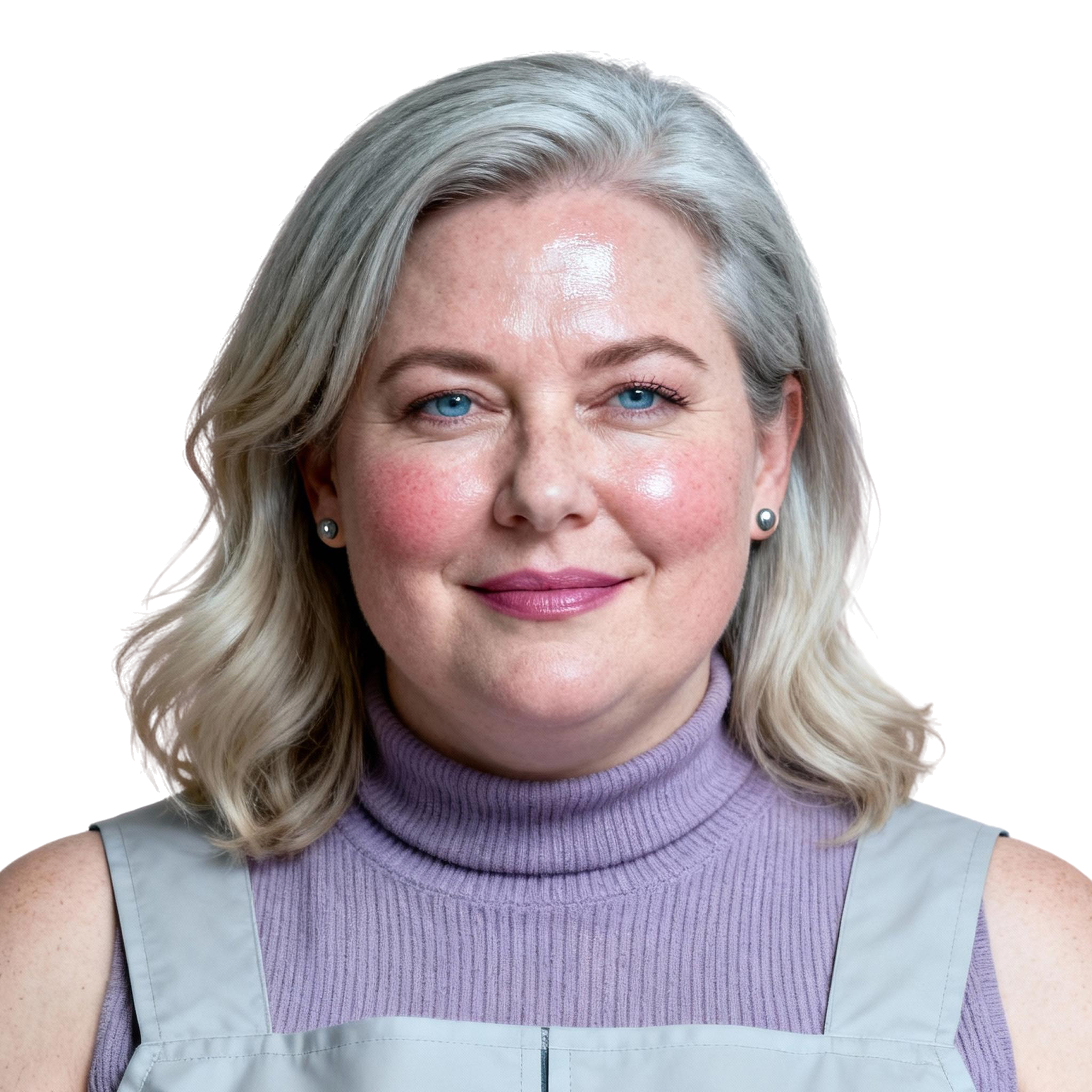 AI-generated portrait of a middle-aged woman with shoulder-length hair and light makeup, wearing a sleeveless layered top, posed with a neutral expression against a transparent background in cool diffused lighting.