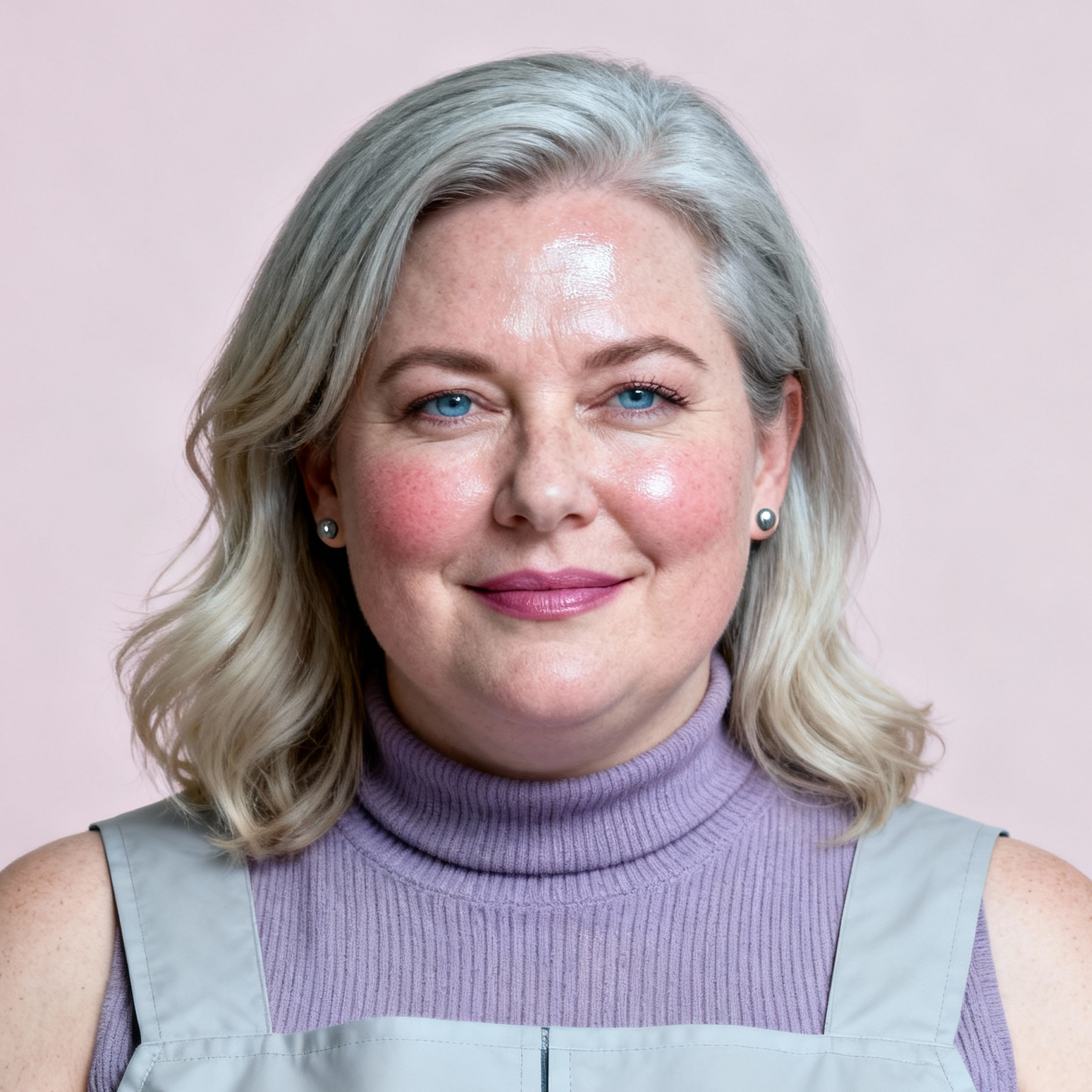 AI-generated portrait of a middle-aged woman with shoulder-length hair and light makeup, wearing a sleeveless layered top, posed with a neutral expression against a pale pink background in cool diffused lighting.