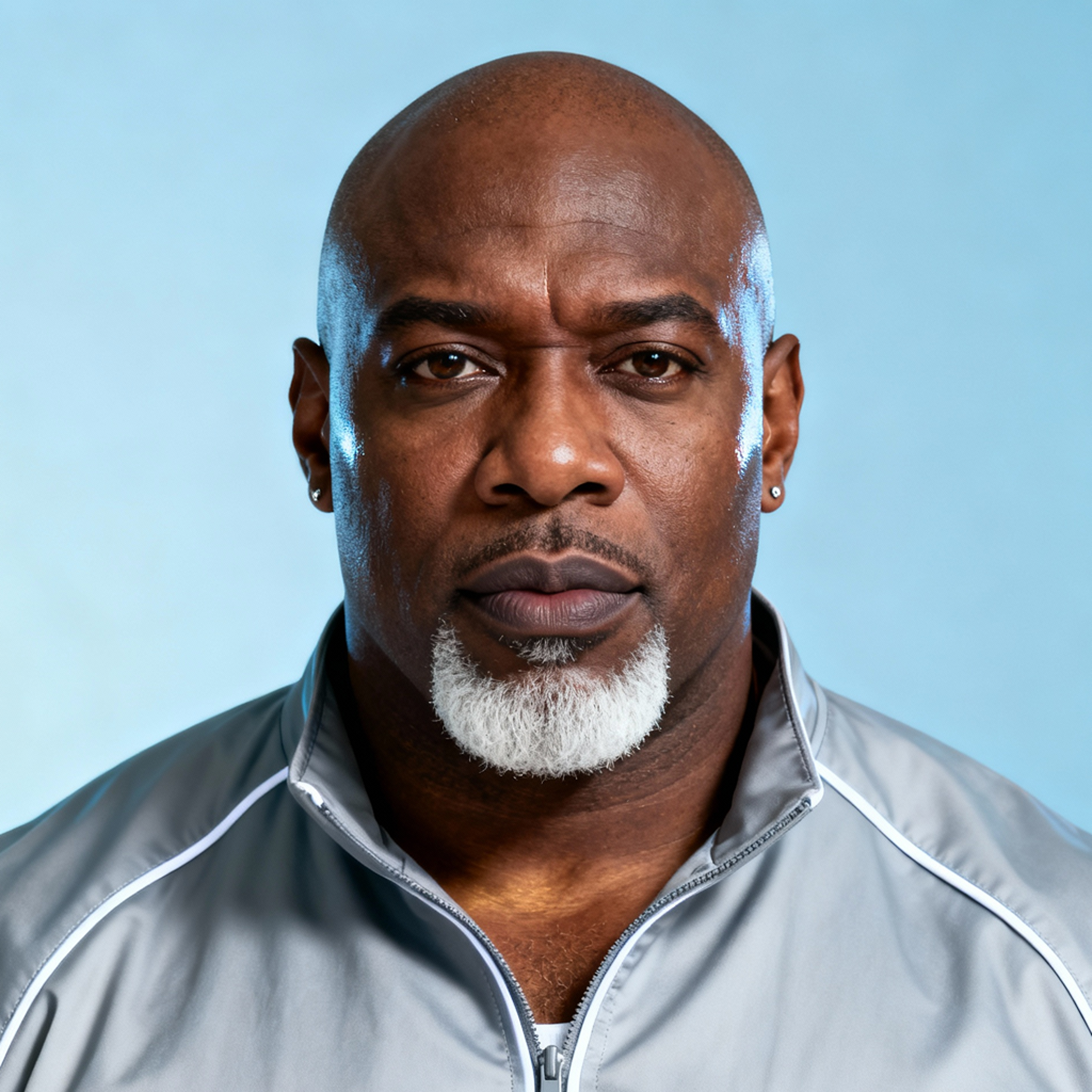AI-generated portrait of a middle-aged man with a shaved head and short goatee, wearing a zip-up technical jacket, posed with a serious expression against a light blue background in cool diffused lighting.