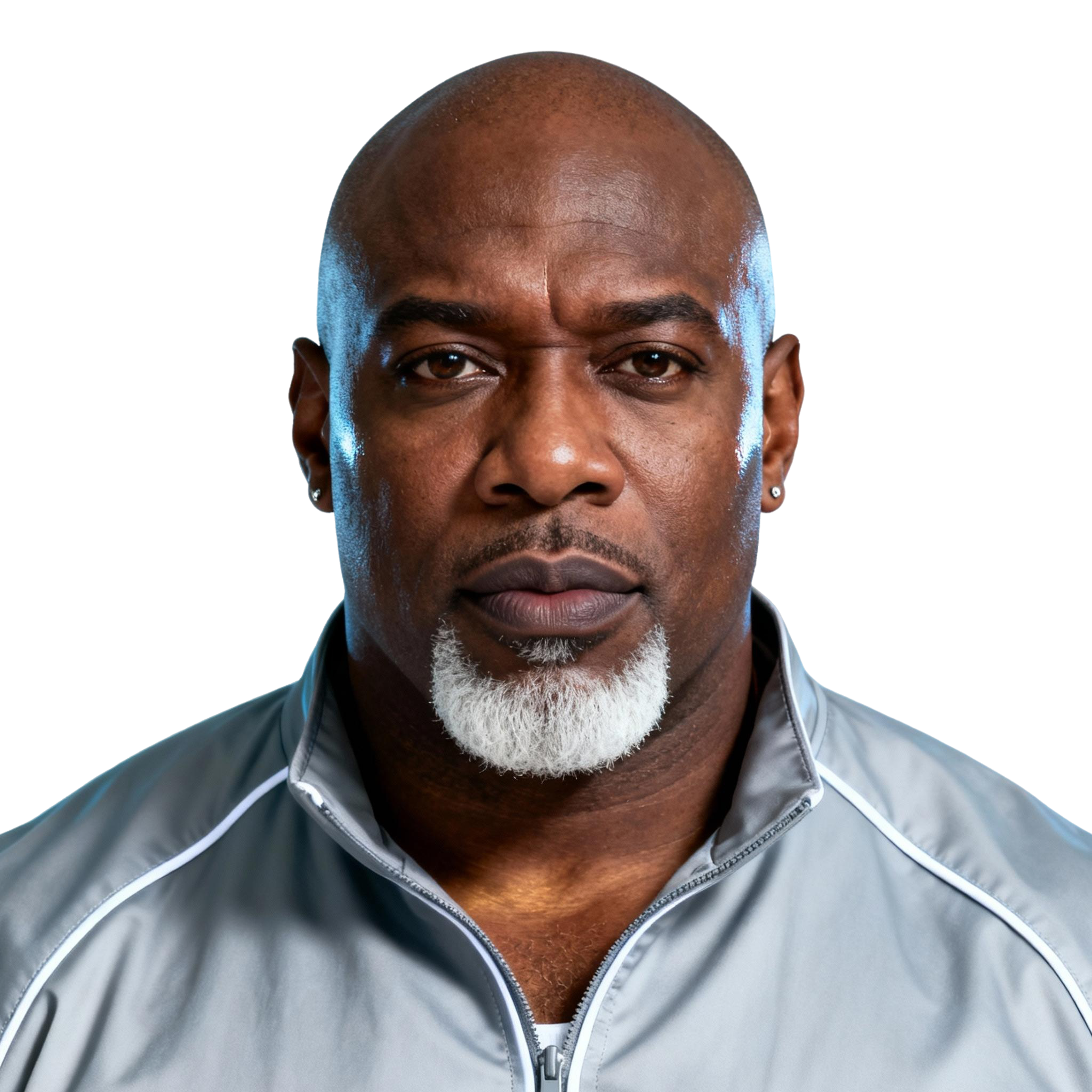 AI-generated portrait of a middle-aged man with a shaved head and short goatee, wearing a zip-up technical jacket, posed with a serious expression against a transparent background in cool diffused lighting.