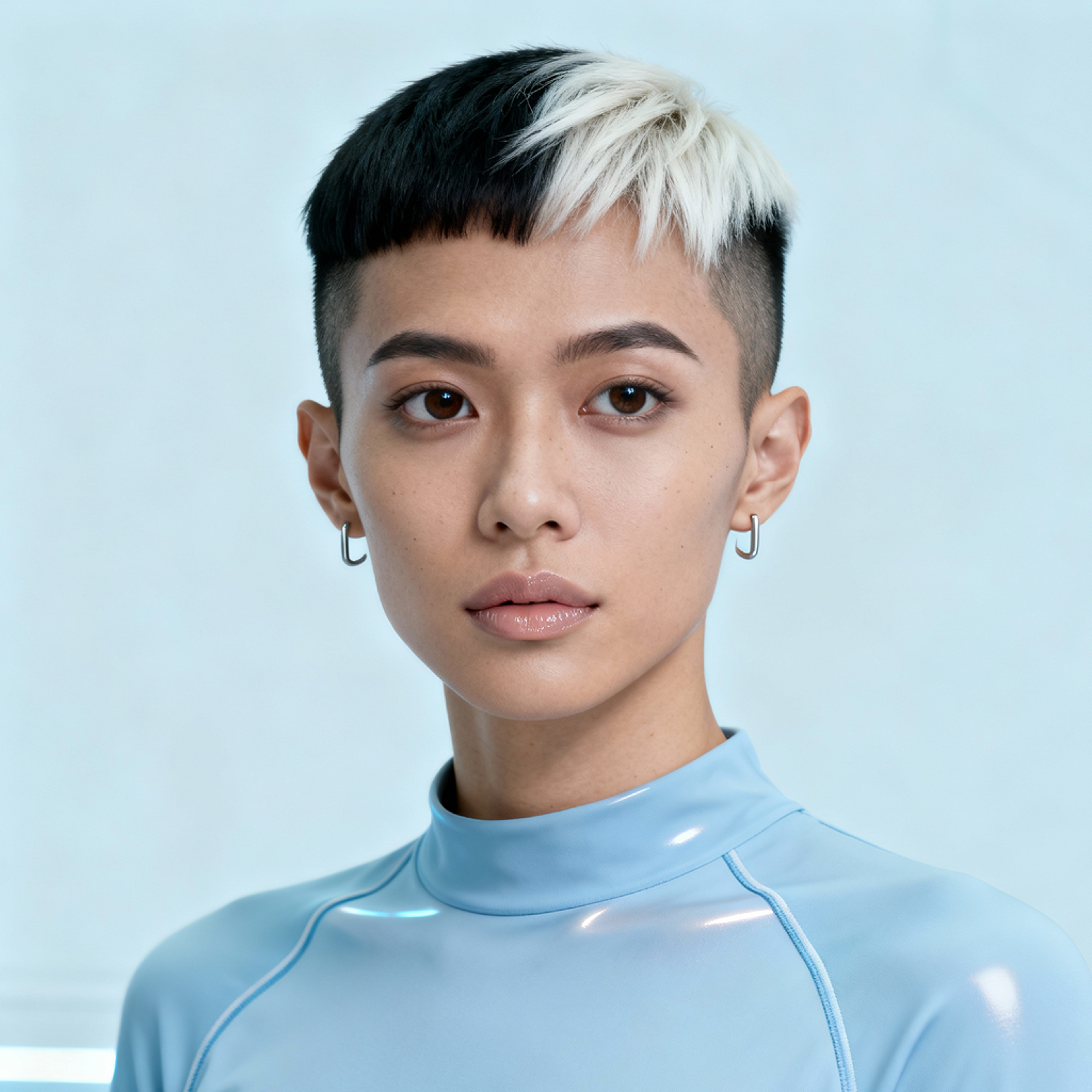 AI-generated portrait of a young woman with a short two-tone haircut and small hoop earrings, wearing a seamless high-neck top, posed with a neutral expression against a pale blue background in cool reflective lighting.