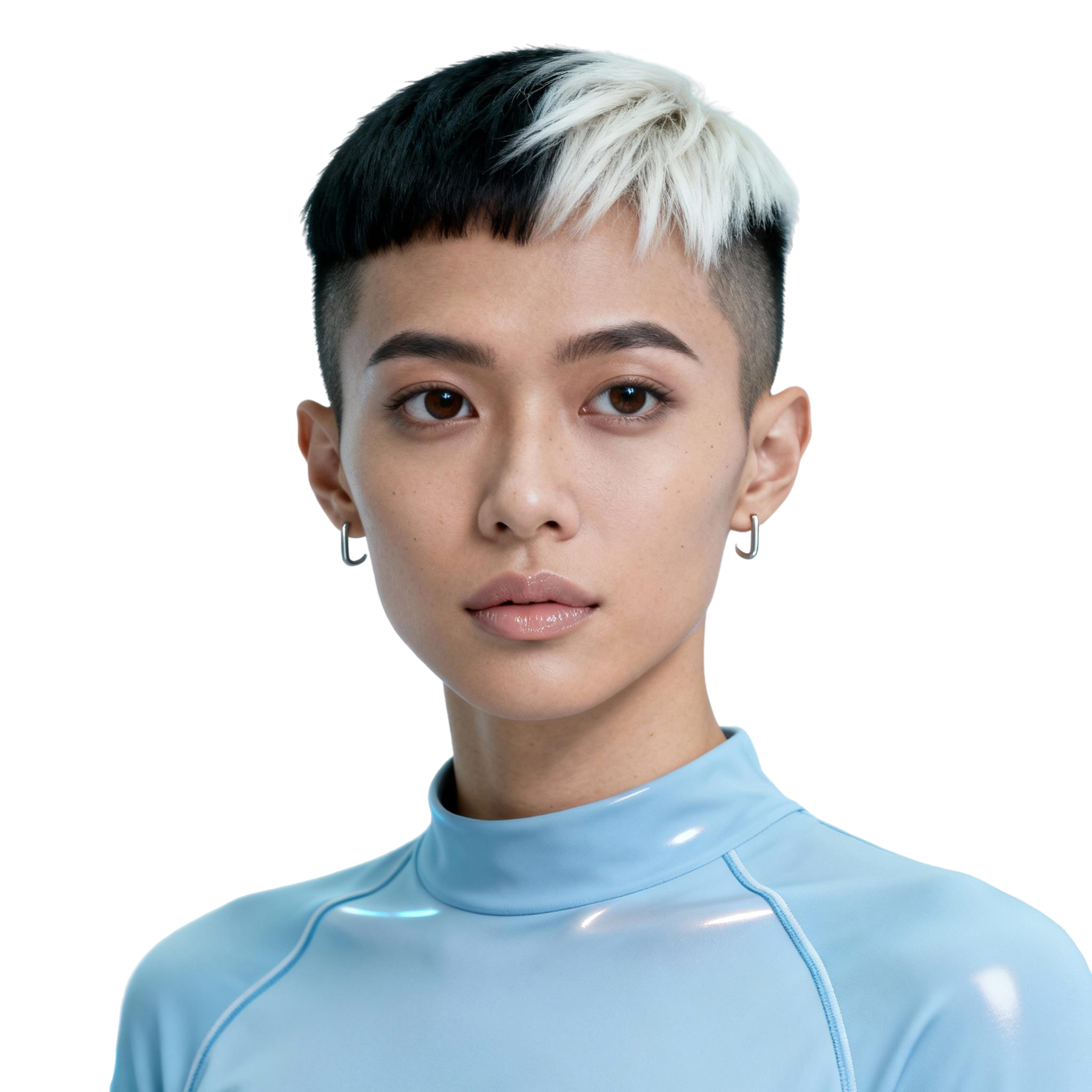 AI-generated portrait of a young woman with a short two-tone haircut and small hoop earrings, wearing a seamless high-neck top, posed with a neutral expression against a transparent background in cool reflective lighting.