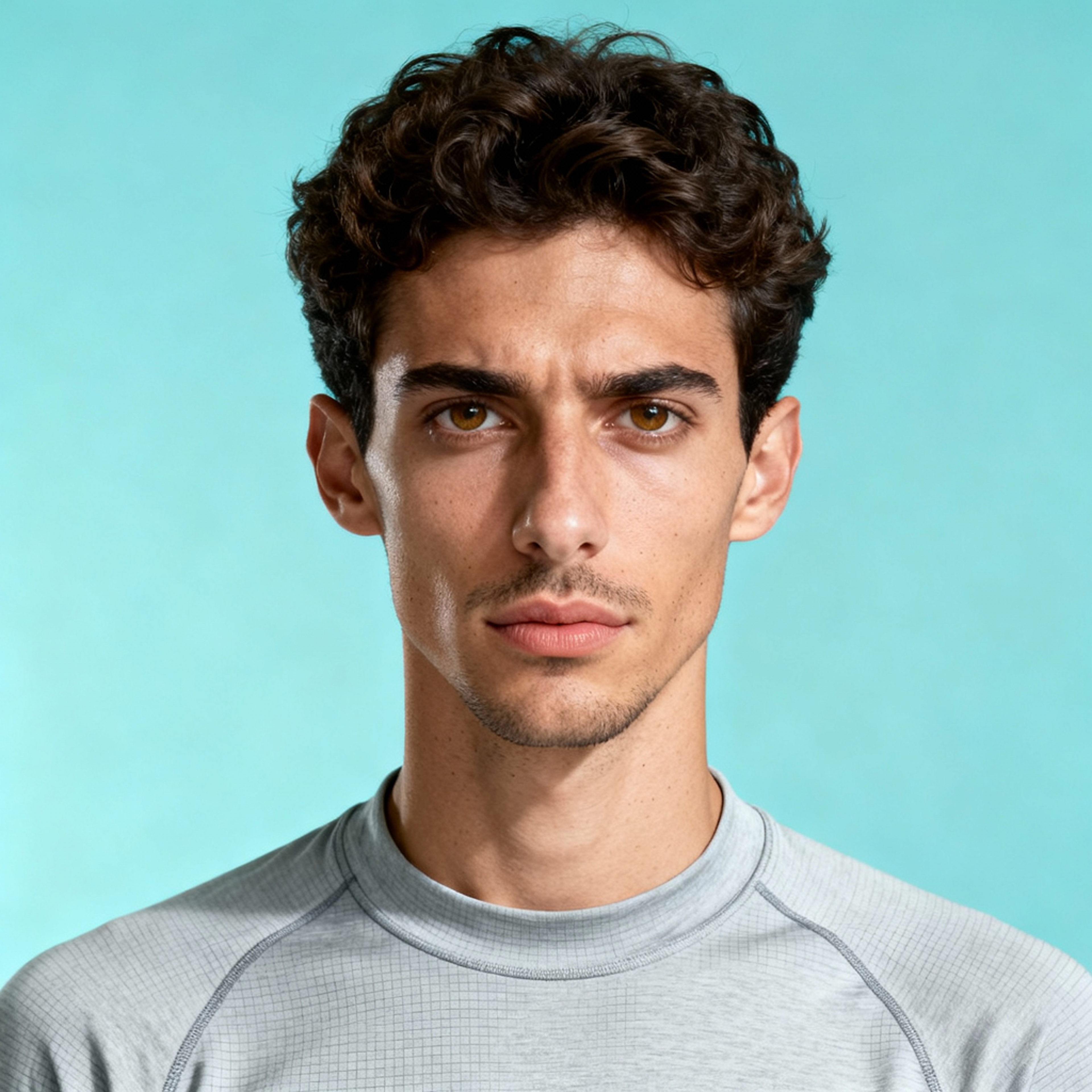 AI-generated portrait of a young man with curly hair and defined brows, wearing a fitted technical top, posed with a neutral expression against a teal background in cool diffused lighting.