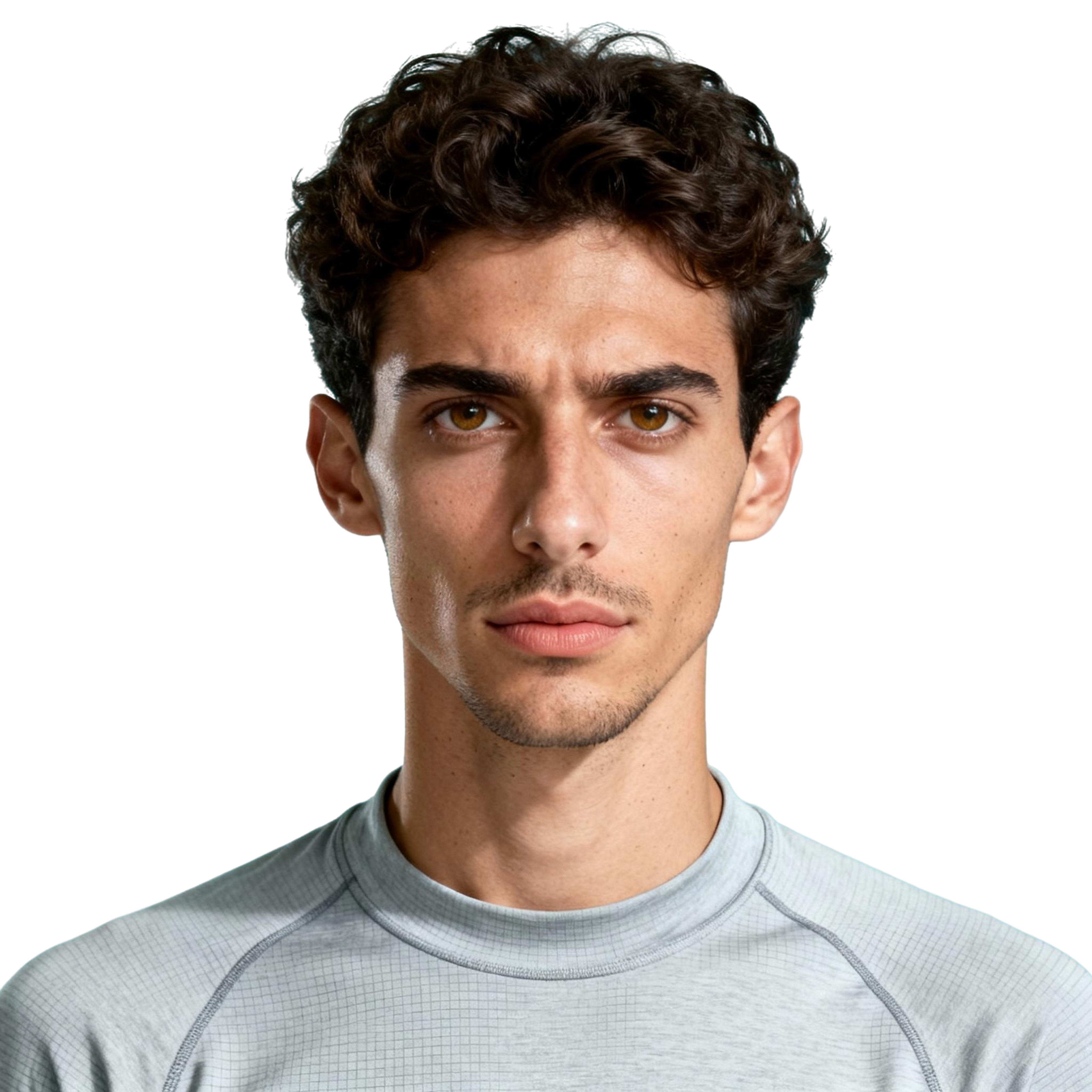 AI-generated portrait of a young man with curly hair and defined brows, wearing a fitted technical top, posed with a neutral expression against a transparent background in cool diffused lighting.