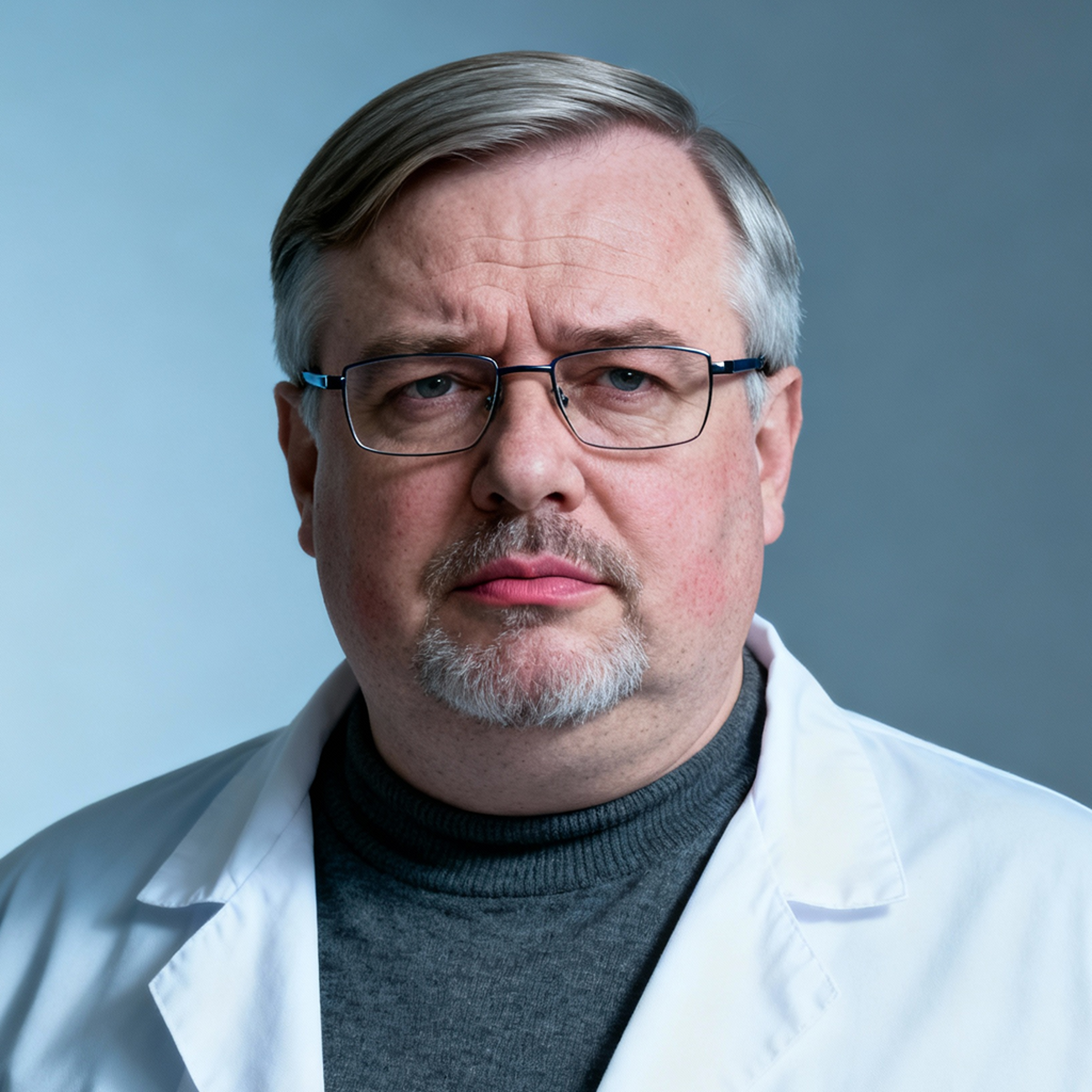AI-generated portrait of a middle-aged man with short gray hair, glasses, and a trimmed goatee, wearing a lab-style coat over a high-neck top, posed with a serious expression against a light blue background in cool diffused lighting.
