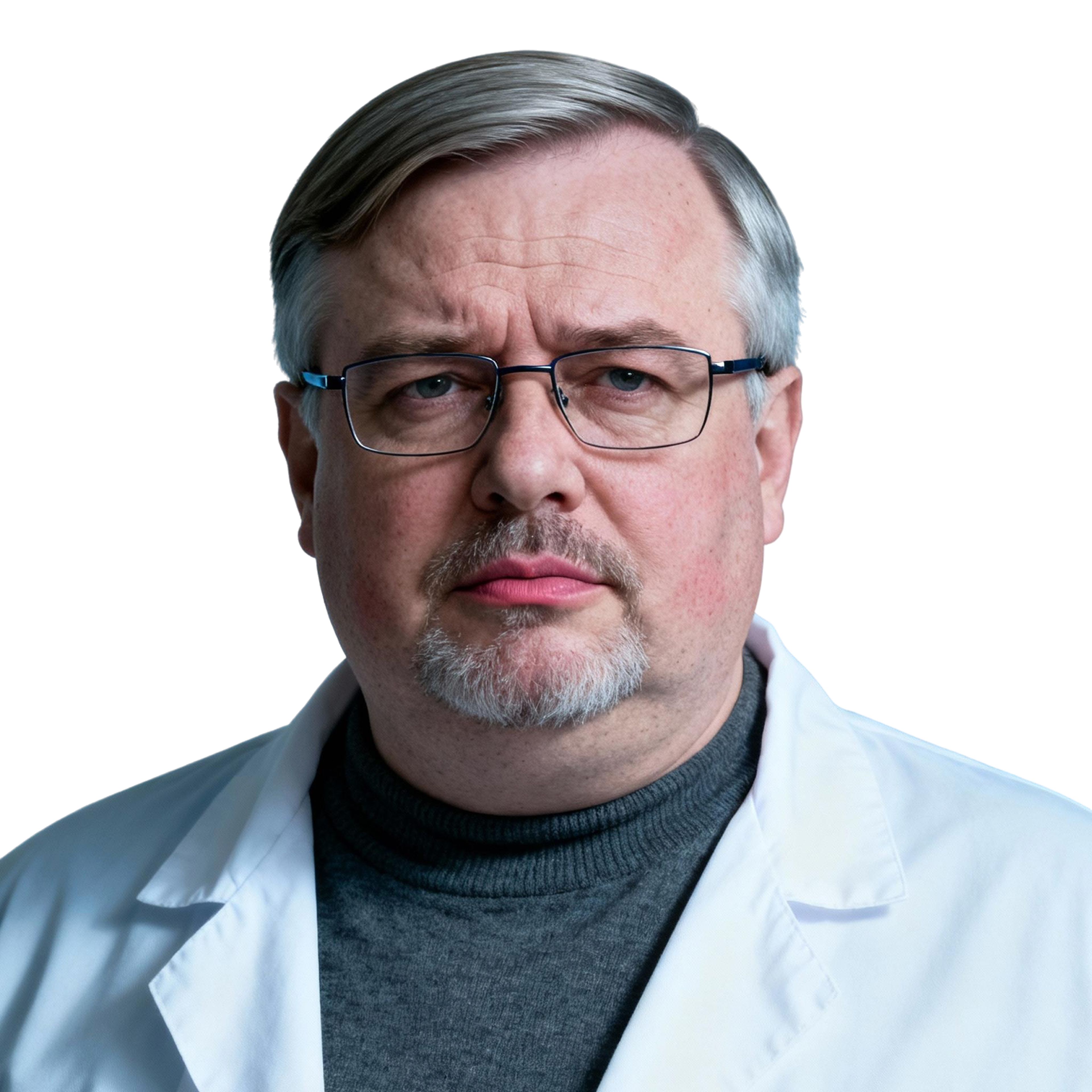 AI-generated portrait of a middle-aged man with short gray hair, glasses, and a trimmed goatee, wearing a lab-style coat over a high-neck top, posed with a serious expression against a transparent background in cool diffused lighting.