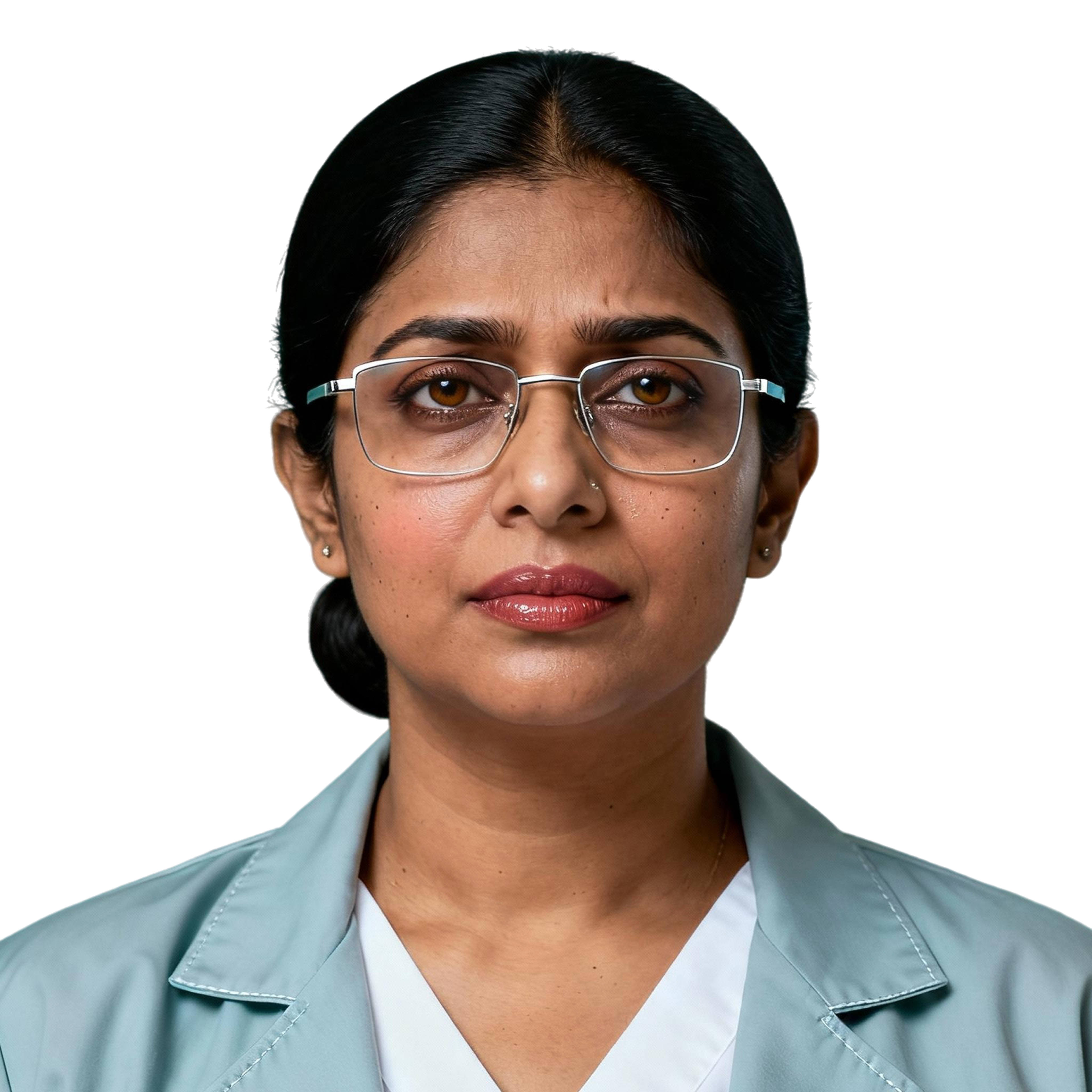 AI-generated portrait of a middle-aged woman with dark hair pulled back and glasses, wearing a lab-style jacket over a light top, posed with a neutral expression against a transparent background in cool diffused lighting.
