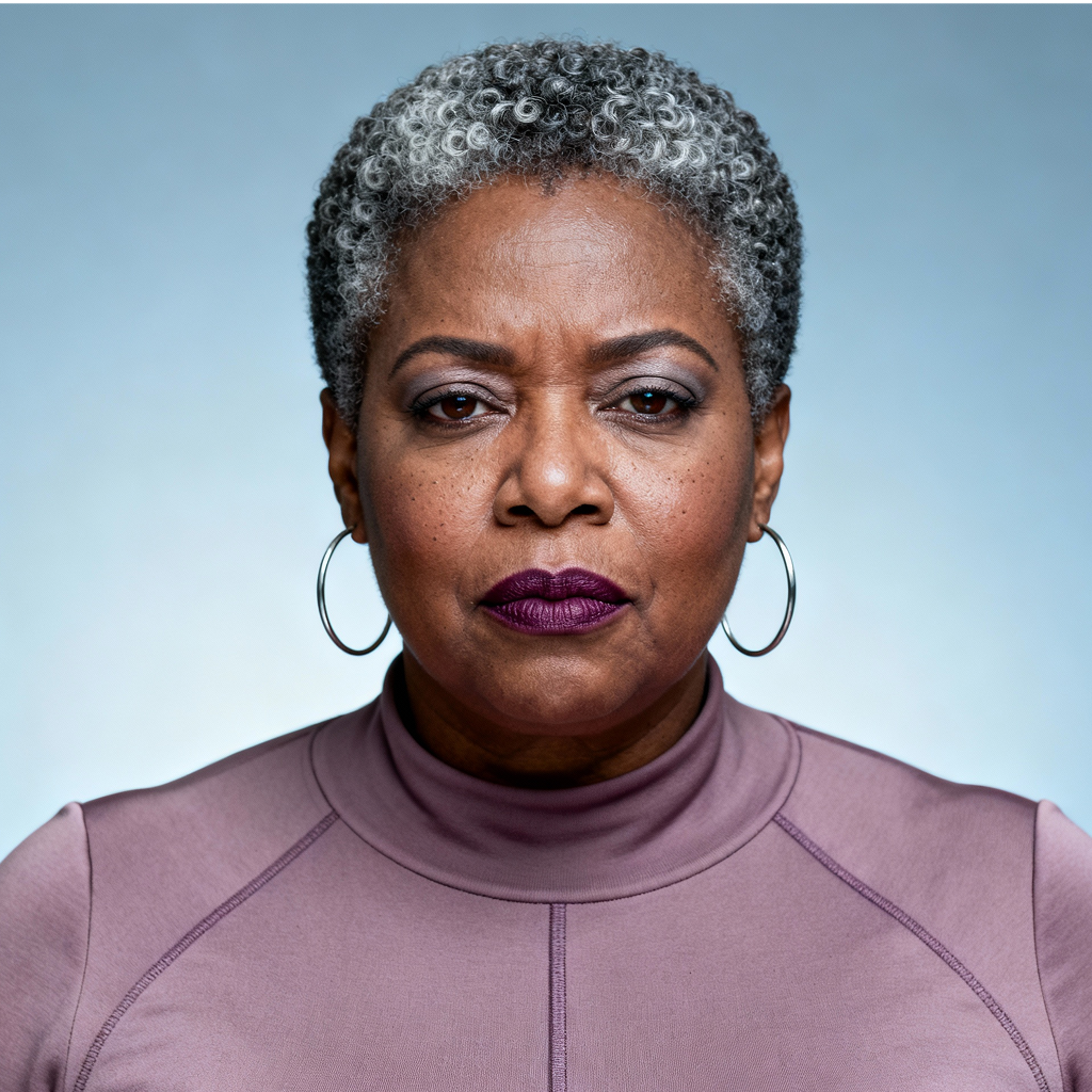 AI-generated portrait of a middle-aged woman with short curly gray hair and hoop earrings, wearing a high-neck technical top, posed with a neutral expression against a light blue background in cool diffused lighting.