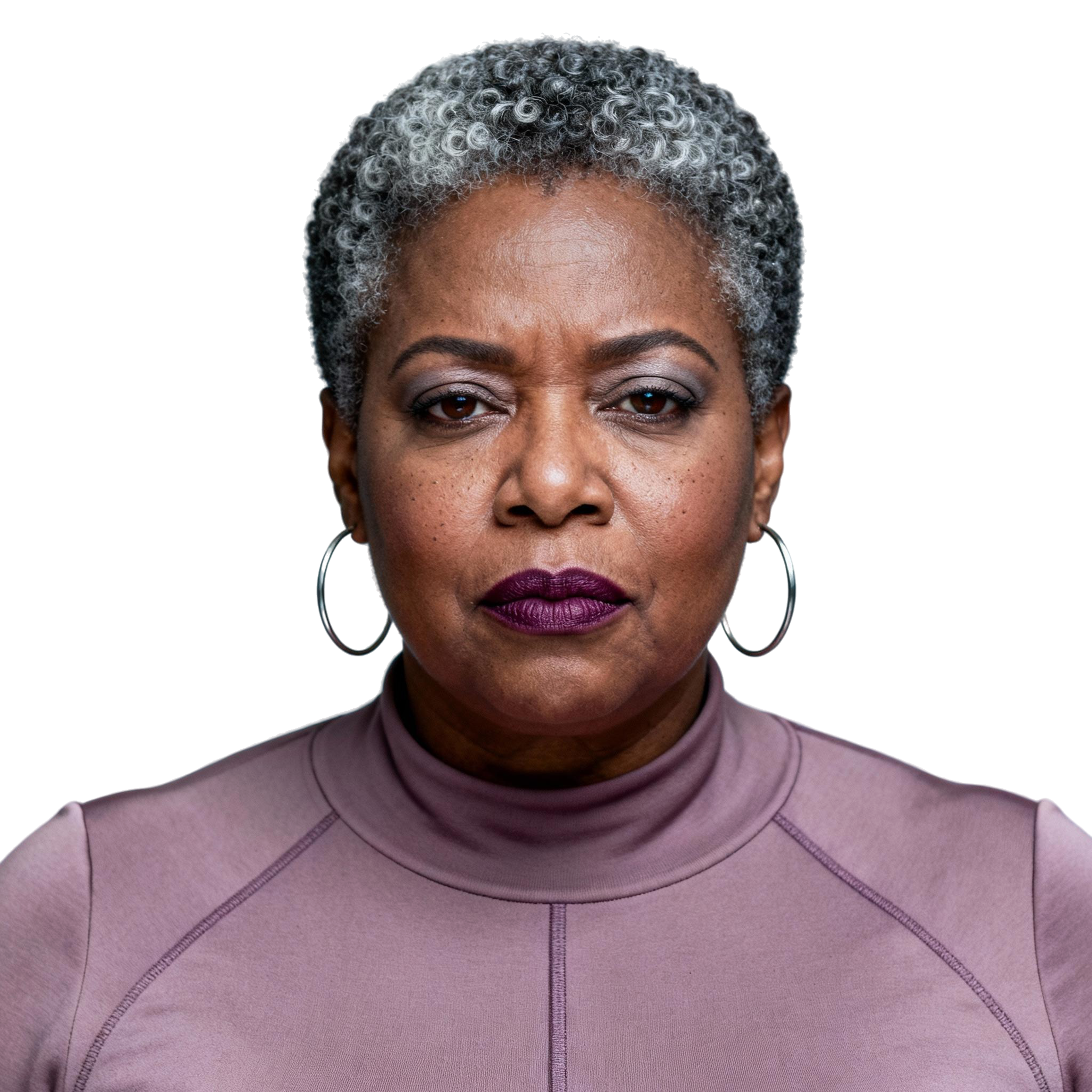 AI-generated portrait of a middle-aged woman with short curly gray hair and hoop earrings, wearing a high-neck technical top, posed with a neutral expression against a transparent background in cool diffused lighting.