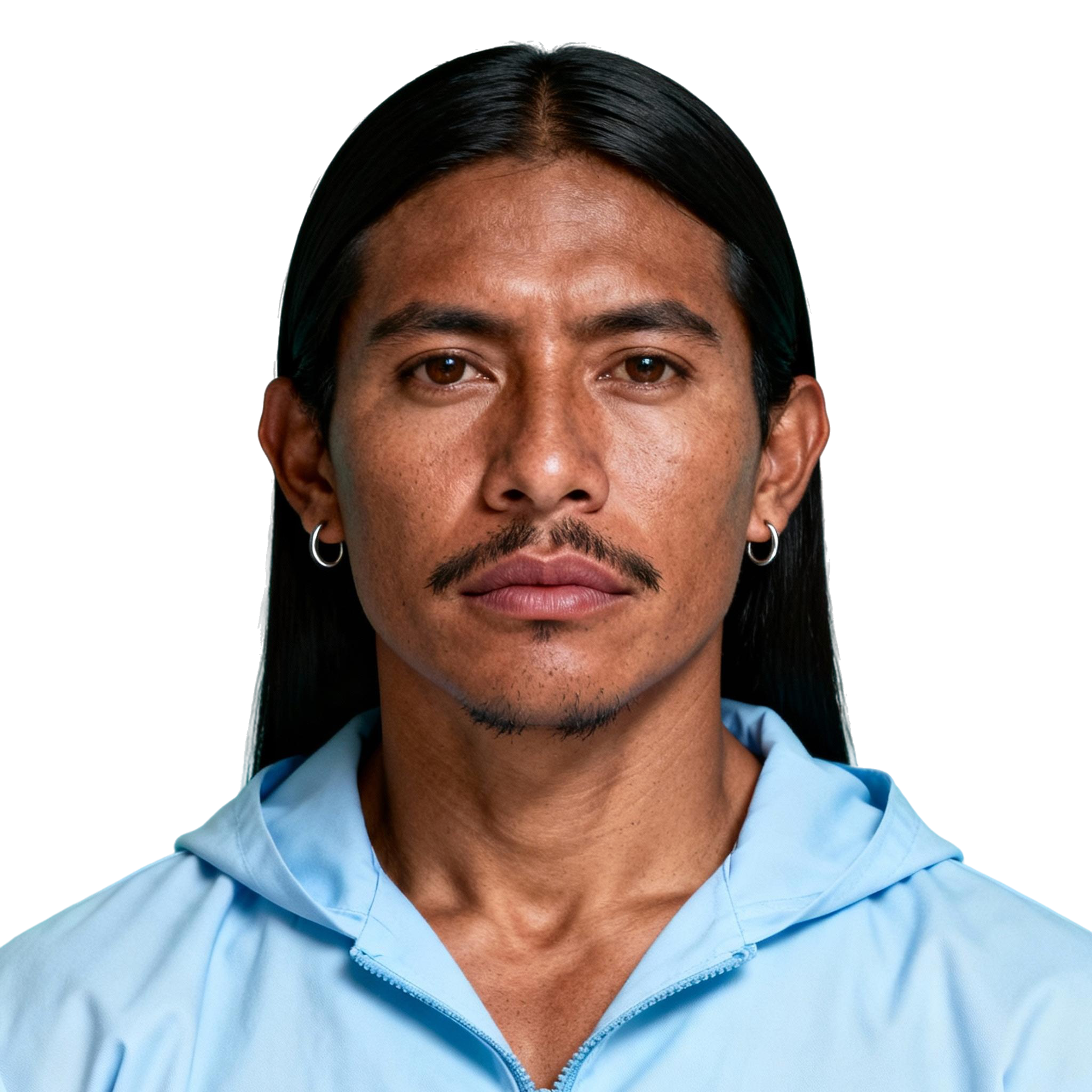 AI-generated portrait of a young man with long straight hair and a thin mustache, wearing a lightweight technical hoodie, posed with a neutral expression against a transparent background in cool diffused lighting.