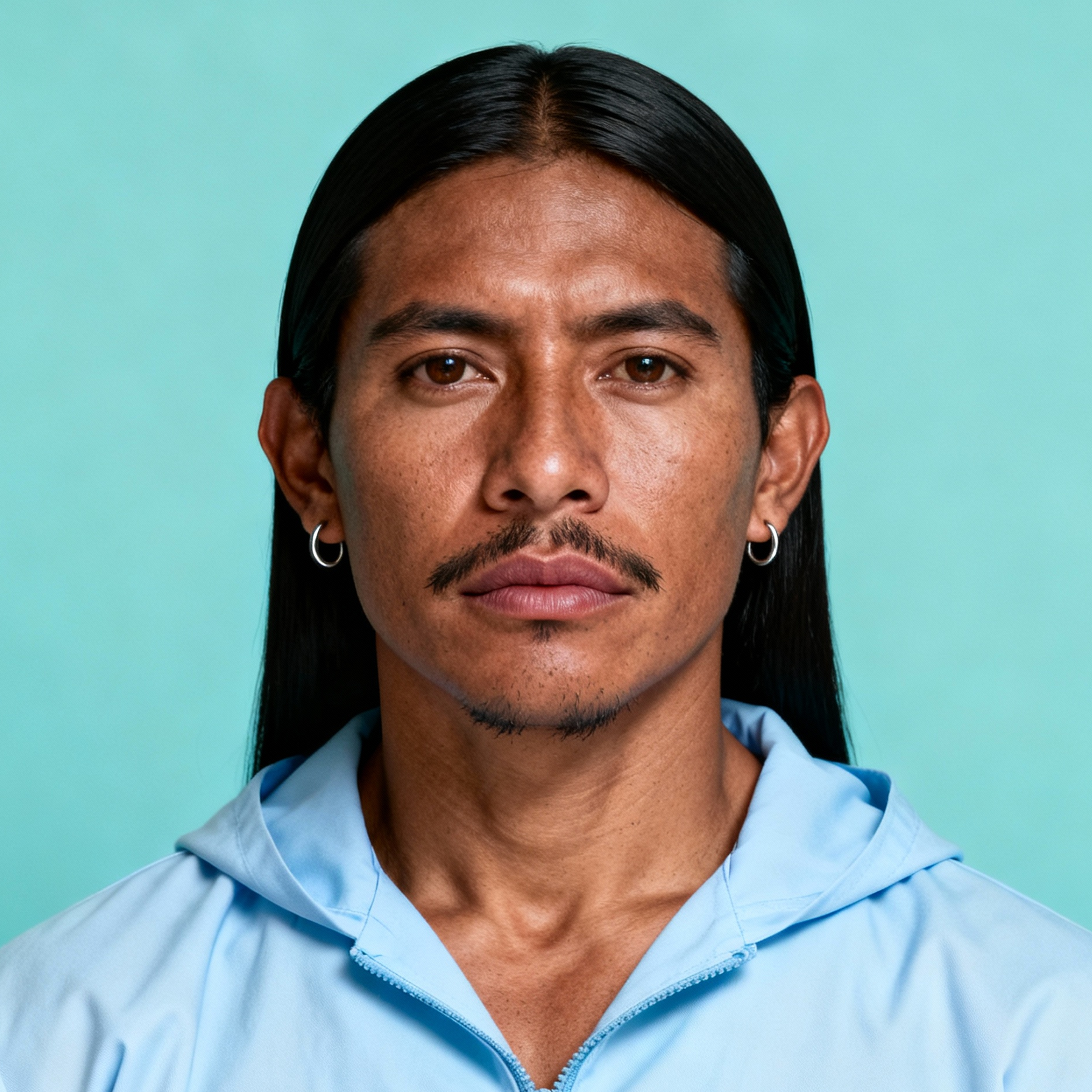 AI-generated portrait of a young man with long straight hair and a thin mustache, wearing a lightweight technical hoodie, posed with a neutral expression against a teal background in cool diffused lighting.