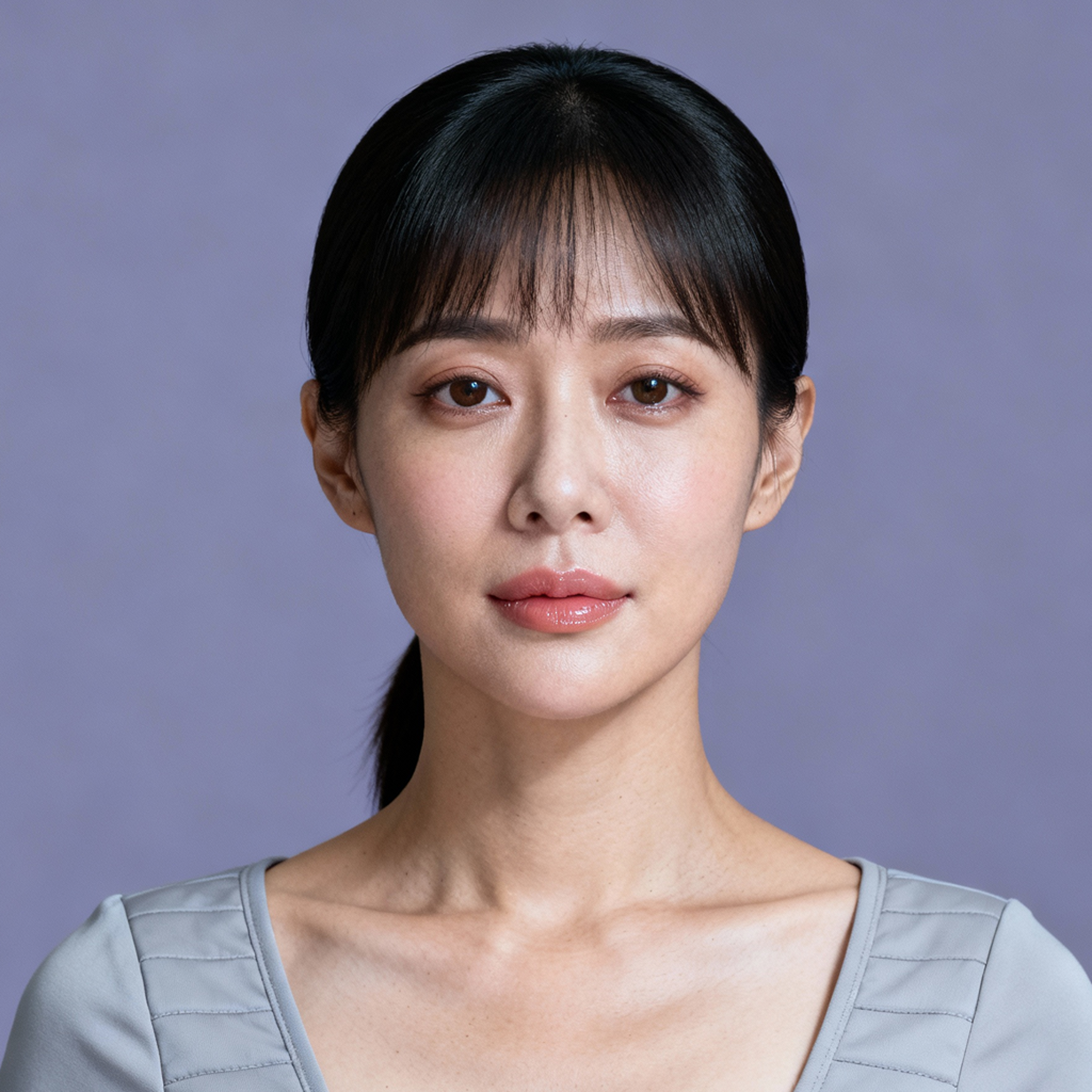 AI-generated portrait of a young woman with straight hair and blunt bangs, wearing a fitted lab-inspired top, posed with a neutral expression against a soft lavender background in cool diffused lighting.