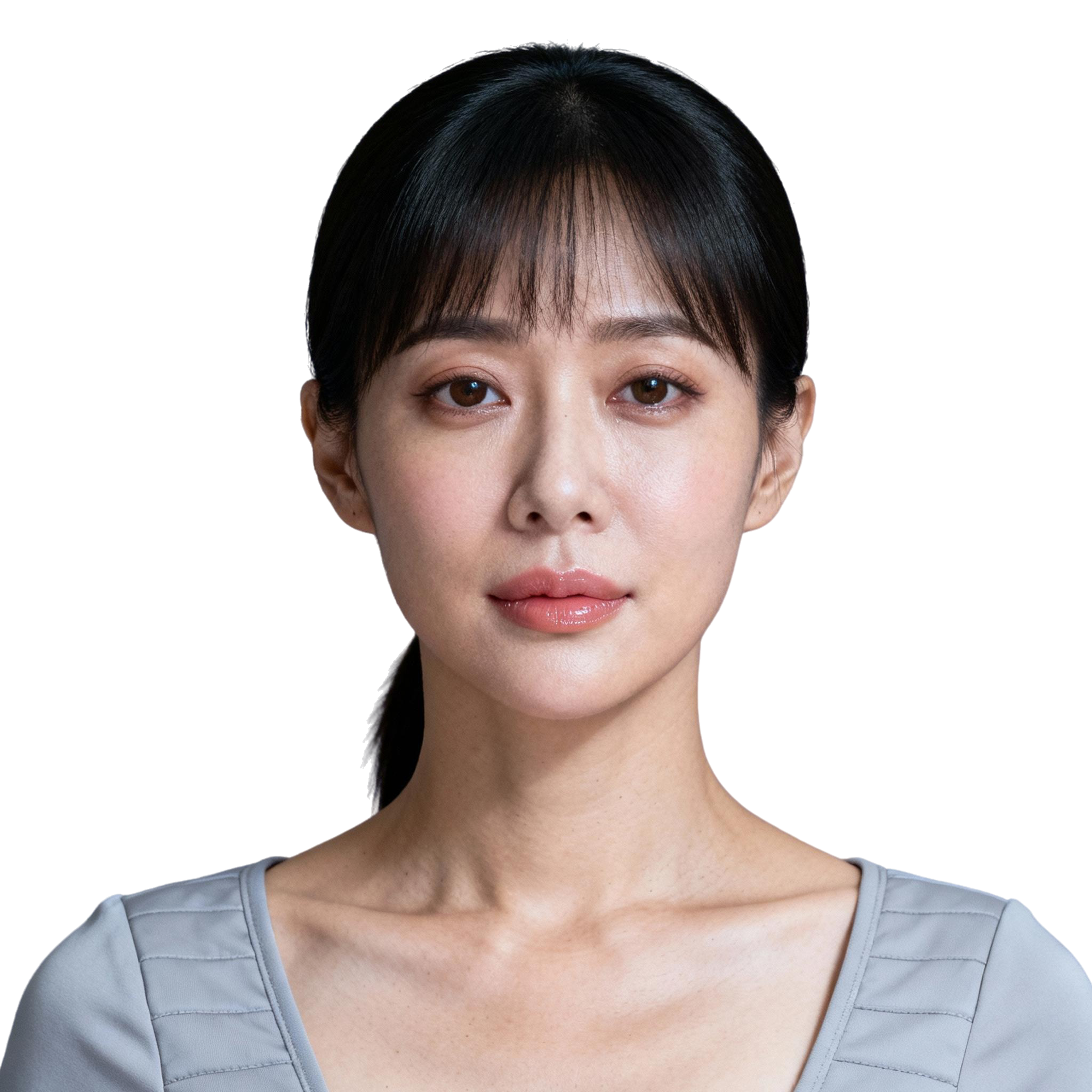 AI-generated portrait of a young woman with straight hair and blunt bangs, wearing a fitted lab-inspired top, posed with a neutral expression against a transparent background in cool diffused lighting.