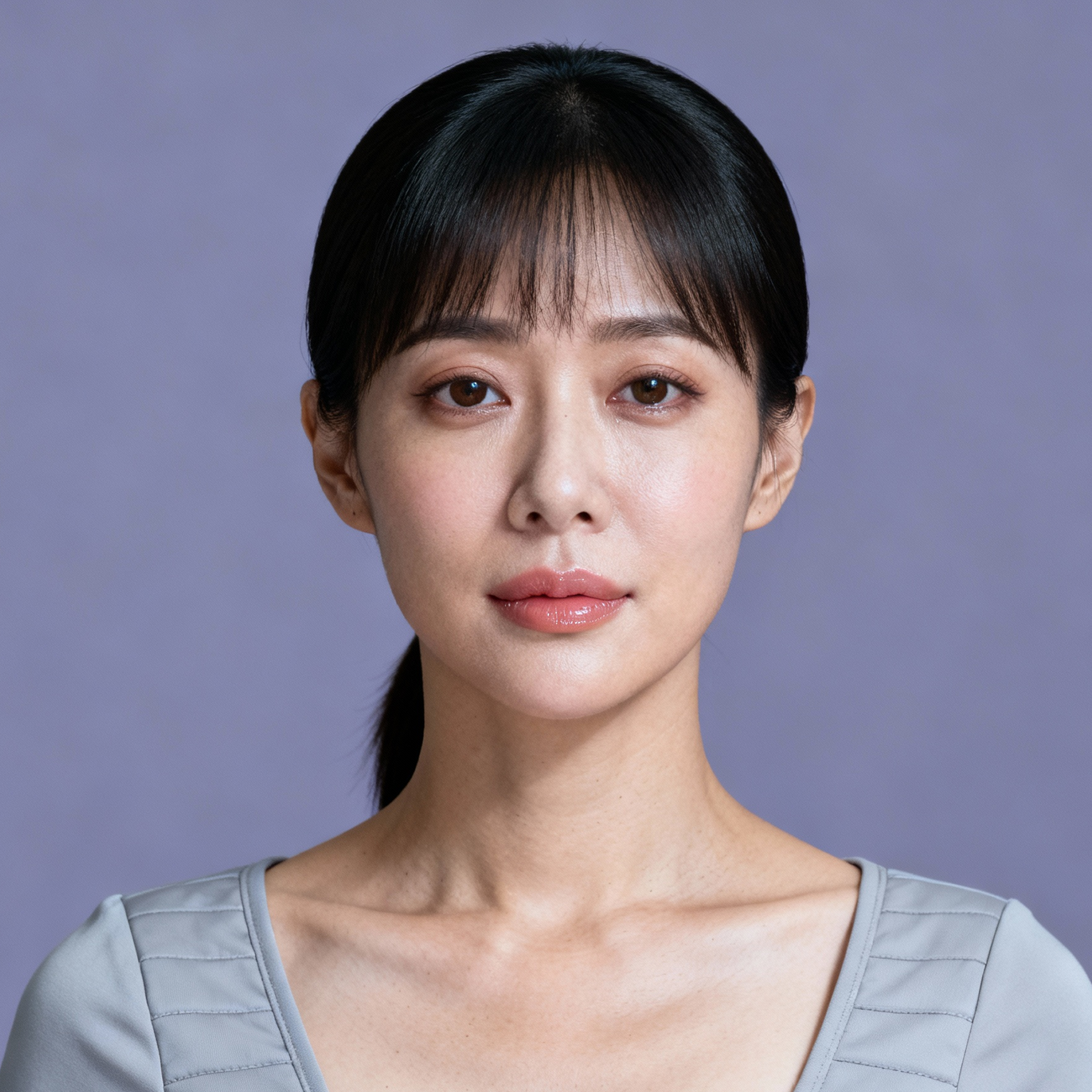 AI-generated portrait of a young woman with straight hair and blunt bangs, wearing a fitted lab-inspired top, posed with a neutral expression against a soft lavender background in cool diffused lighting.