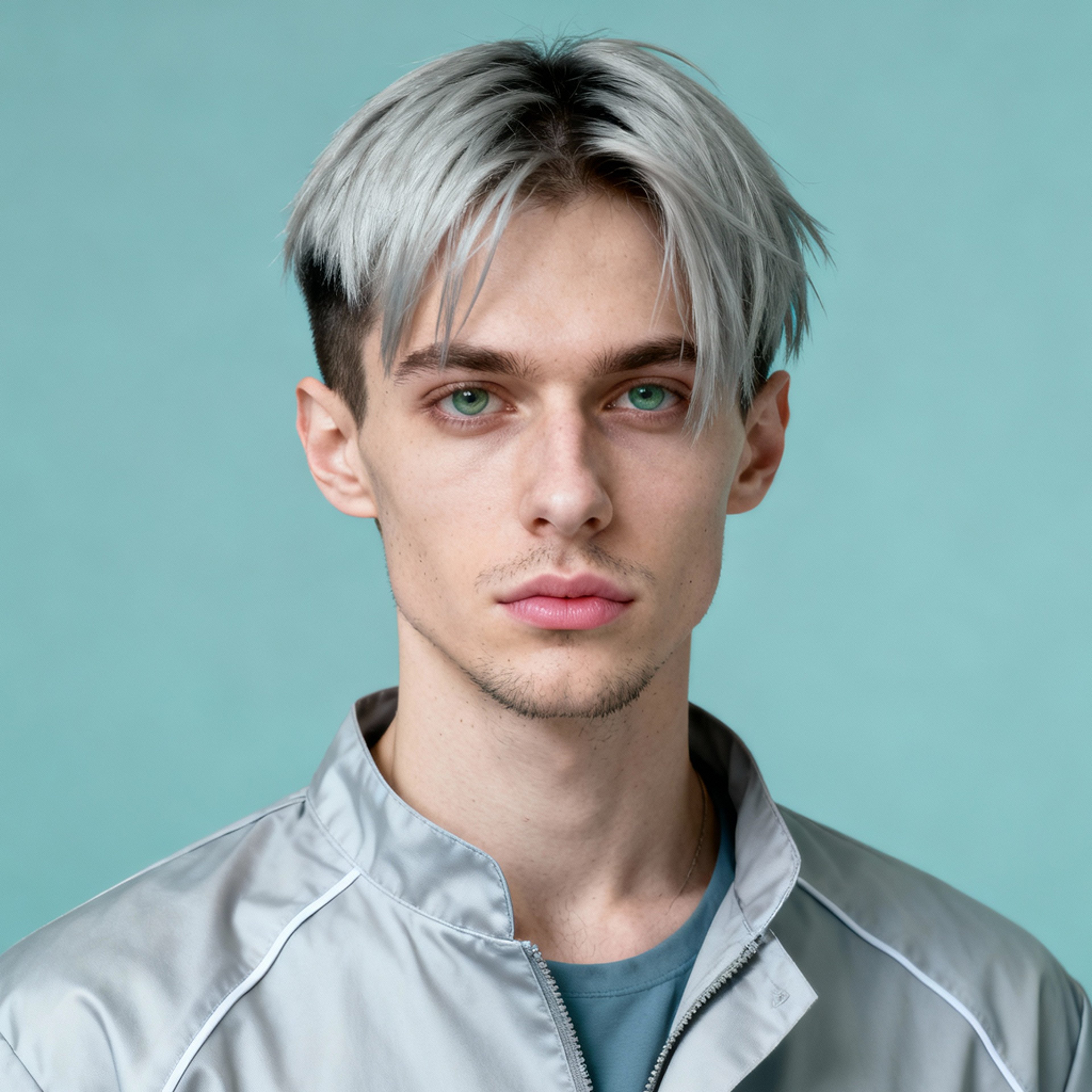AI-generated portrait of a young man with light textured hair and defined brows, wearing a technical zip-up jacket, posed with a neutral expression against a teal background in cool diffused lighting.