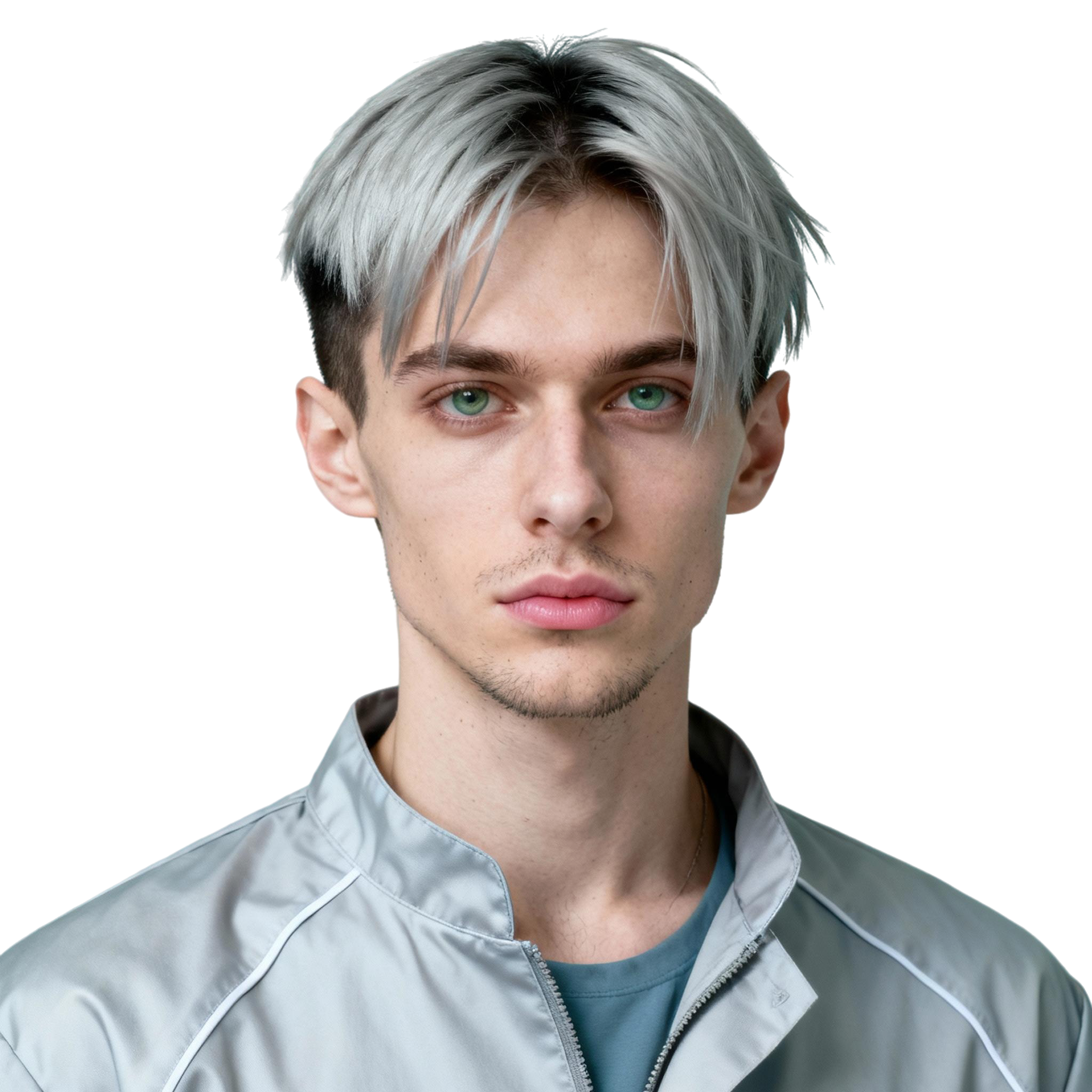 AI-generated portrait of a young man with light textured hair and defined brows, wearing a technical zip-up jacket, posed with a neutral expression against a transparent background in cool diffused lighting.