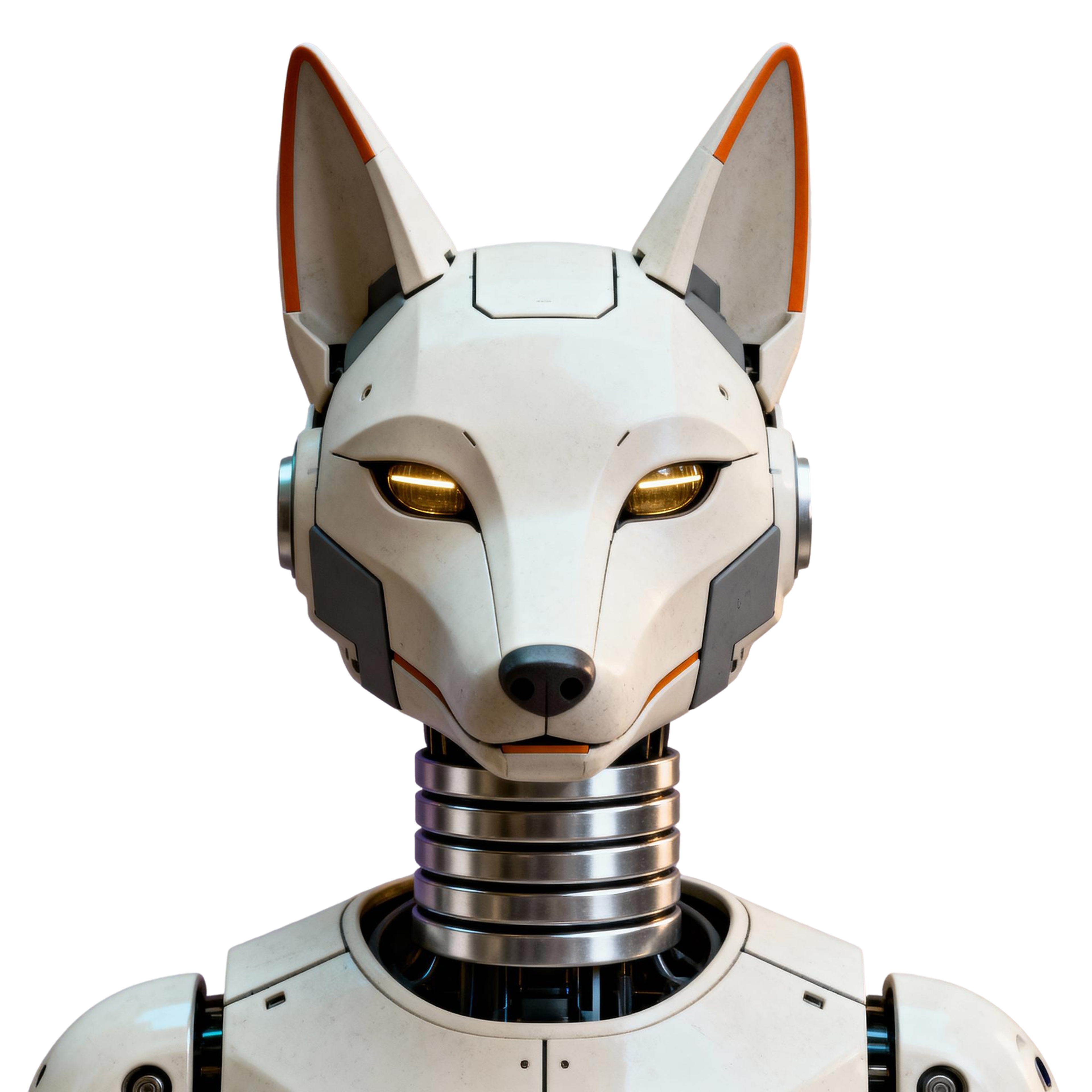 AI-generated portrait of an animal-inspired android with pointed ears and glowing eyes, featuring armored plating, posed facing forward against a transparent background in diffused light.