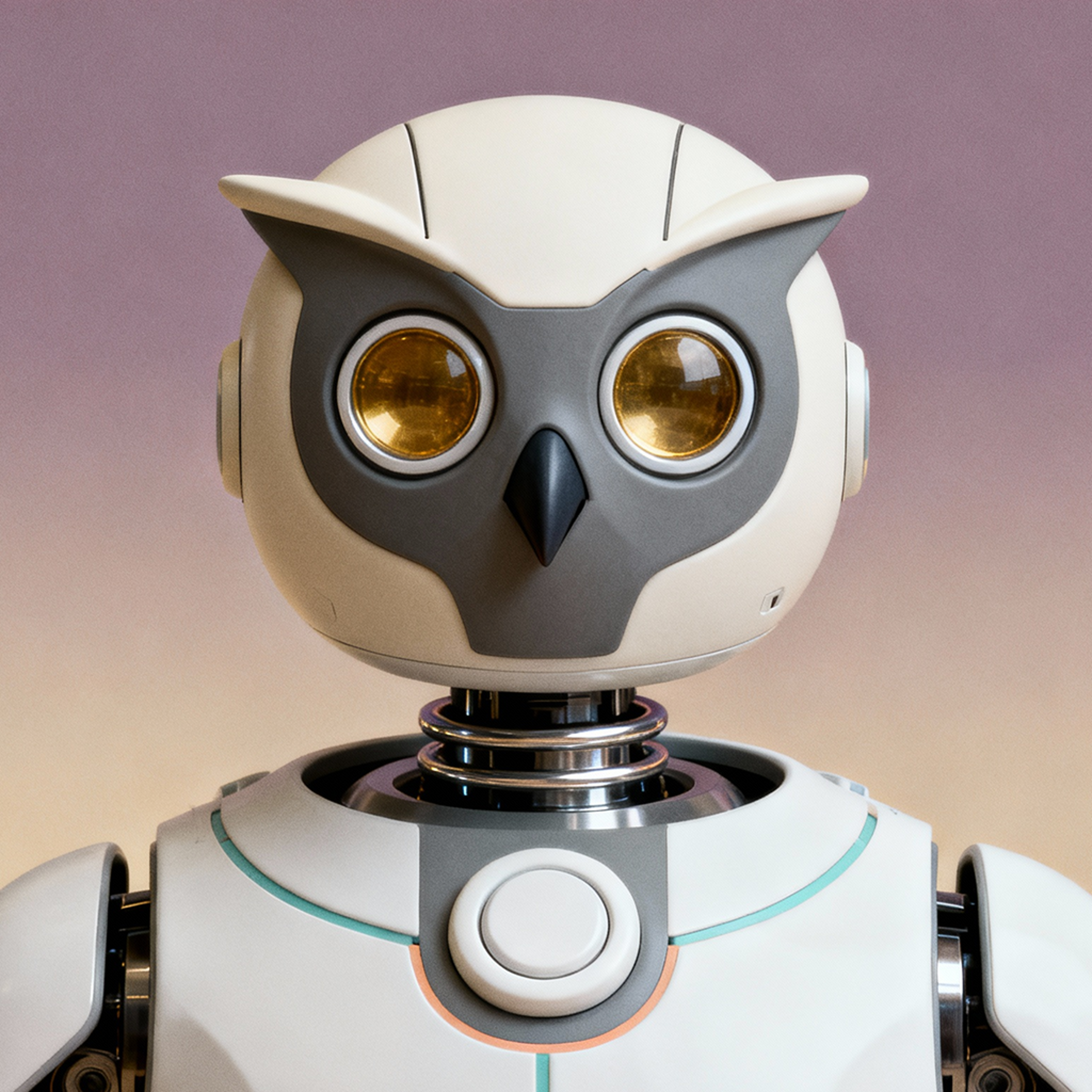 AI-generated portrait of an owl-inspired android with large circular eyes and smooth casing, posed facing forward against a warm beige gradient background in diffused light.