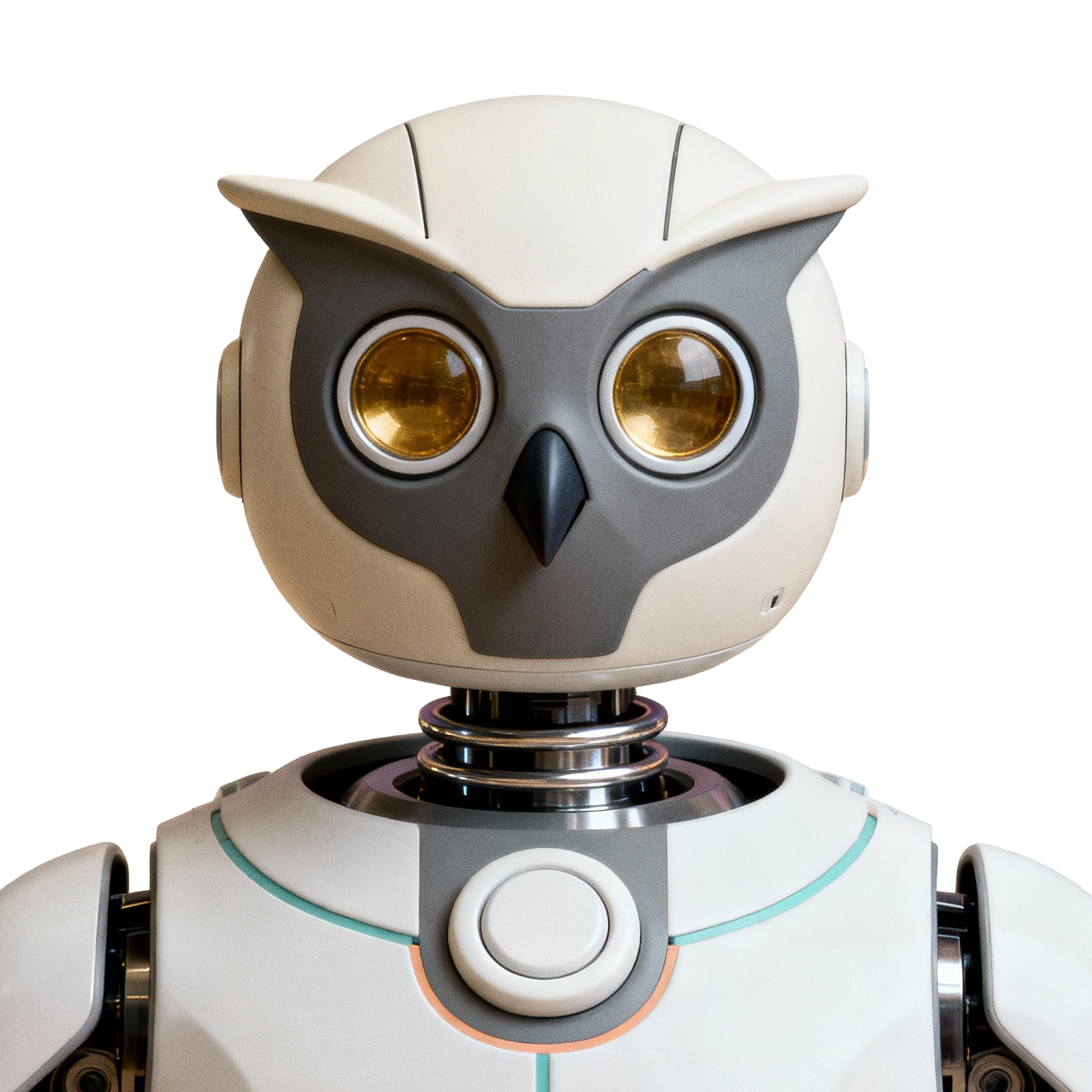 AI-generated portrait of an owl-inspired android with large circular eyes and smooth casing, posed facing forward against a transparent background in diffused light.