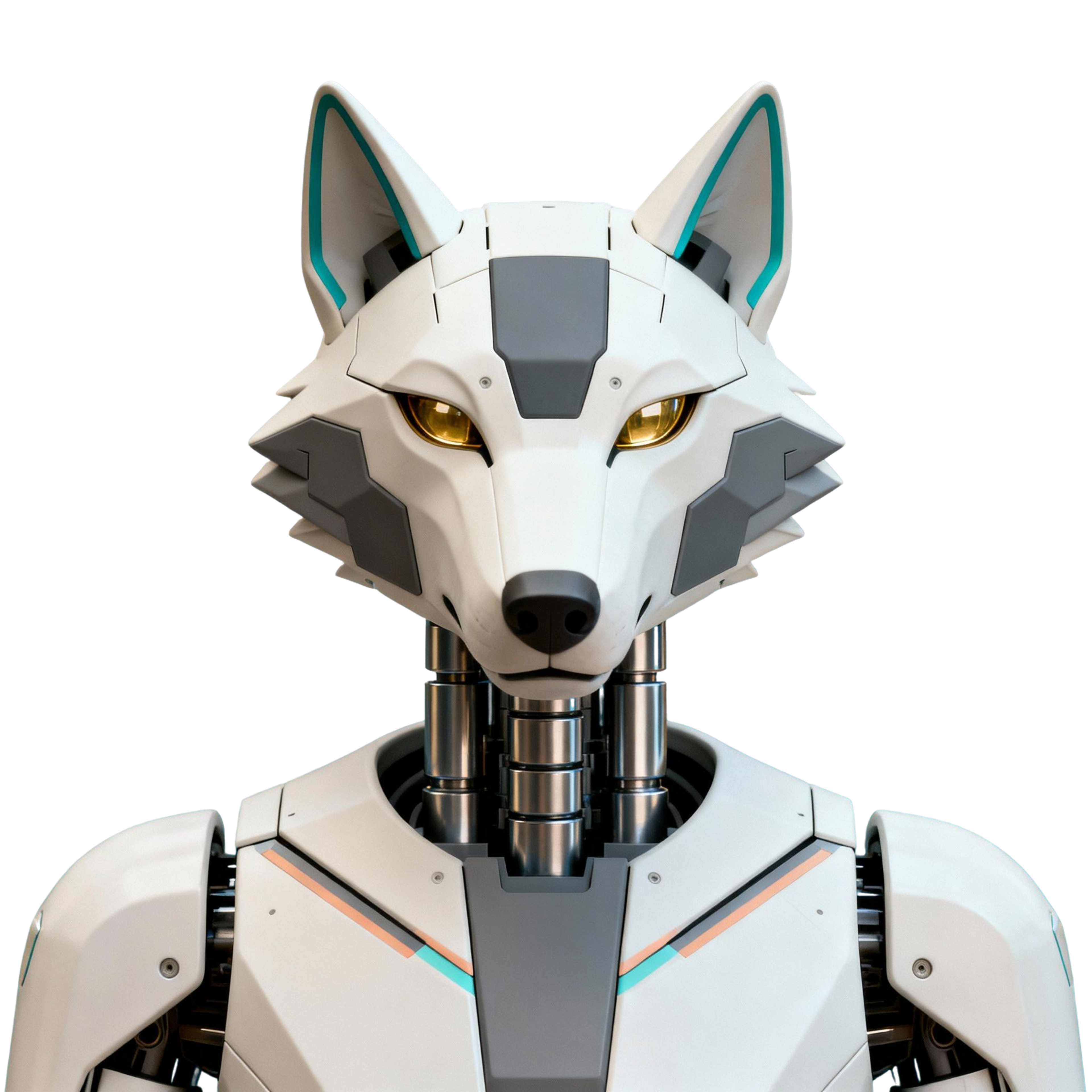 AI-generated portrait of a wolf-inspired android with angular plating and glowing eyes, posed facing forward against a transparent background in directional light.