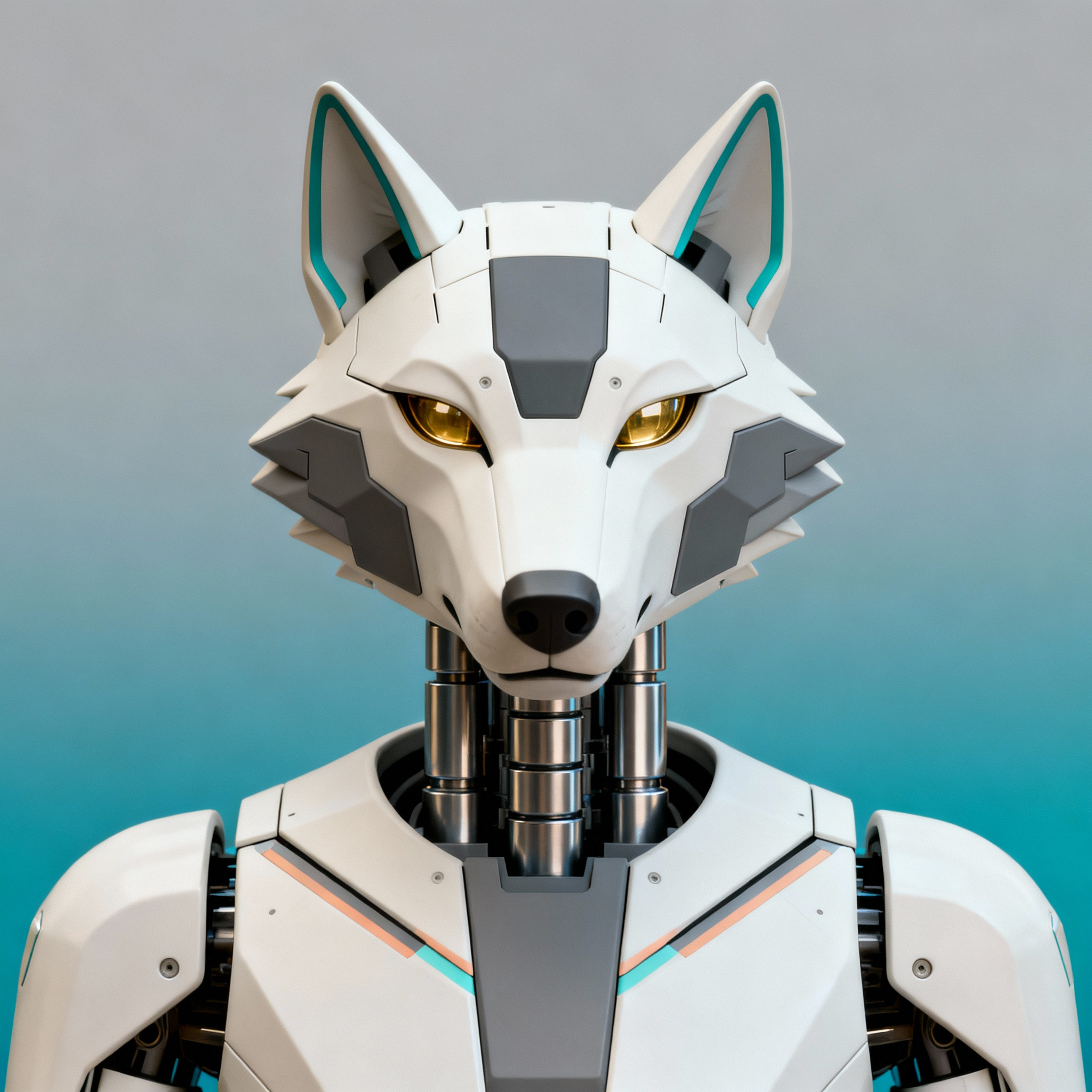 AI-generated portrait of a wolf-inspired android with angular plating and glowing eyes, posed facing forward against a teal gradient background in directional light.