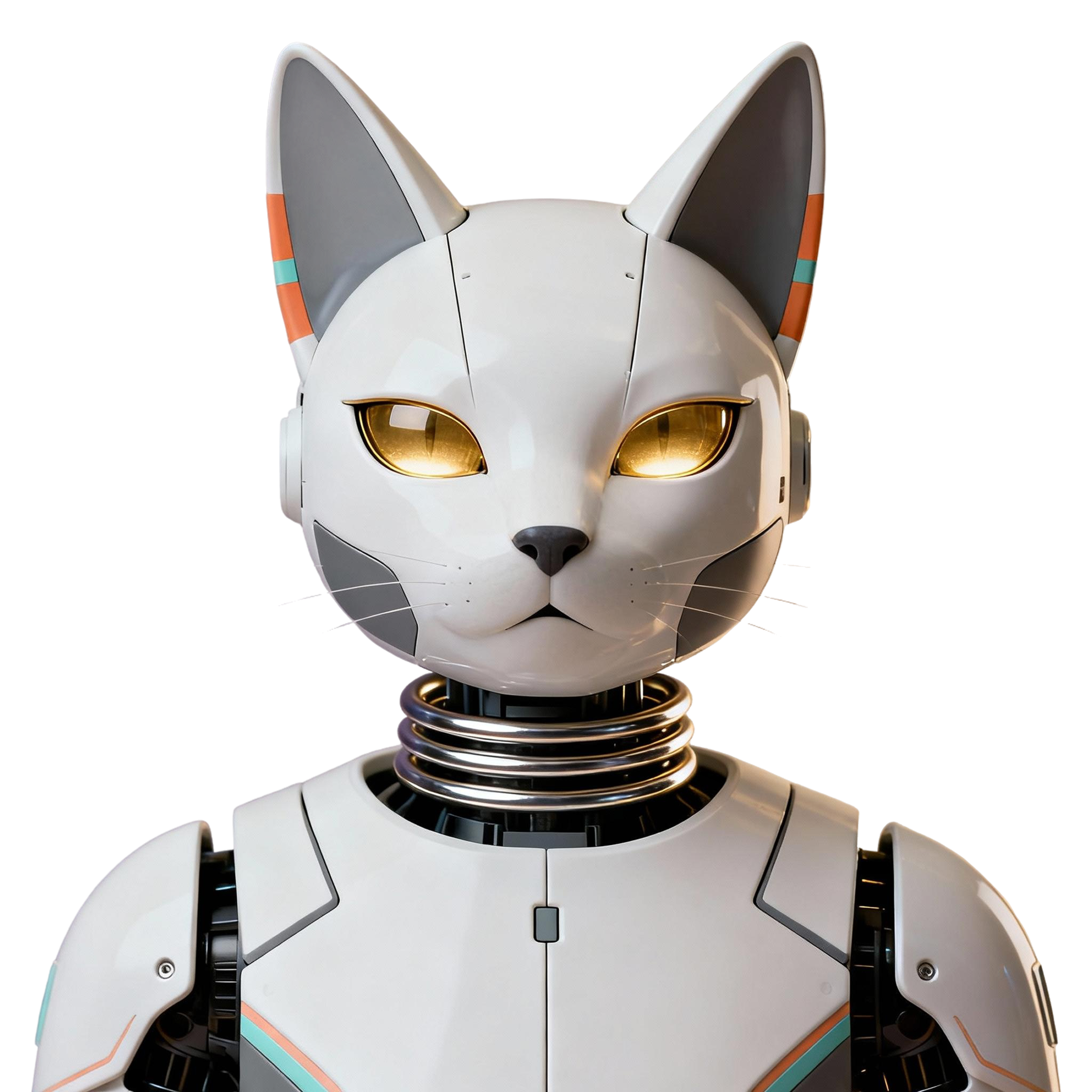 AI-generated portrait of a feline-inspired android with smooth contours and glowing eyes, posed facing forward against a transparent background in diffused light.