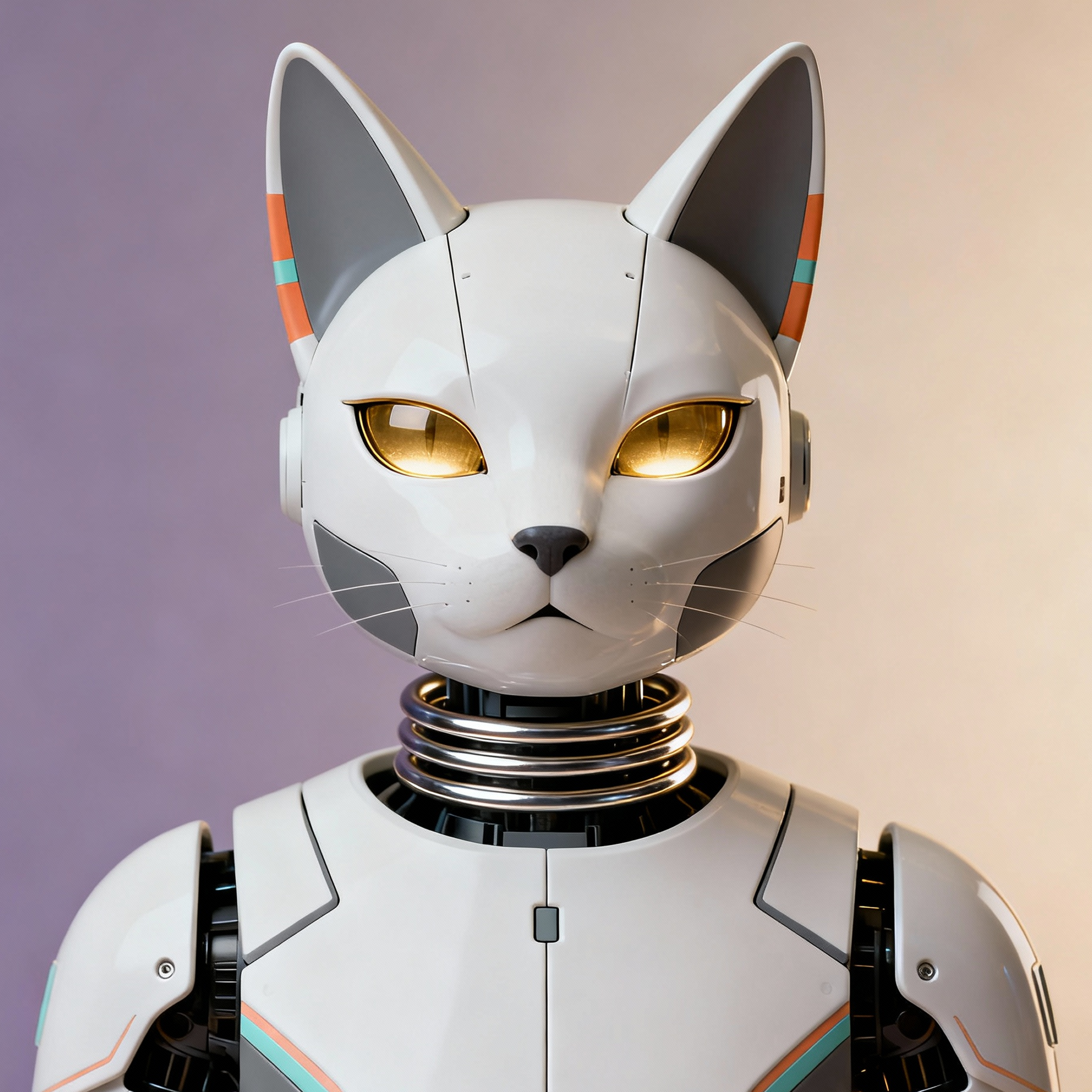 AI-generated portrait of a feline-inspired android with smooth contours and glowing eyes, posed facing forward against a lavender gradient background in diffused light.