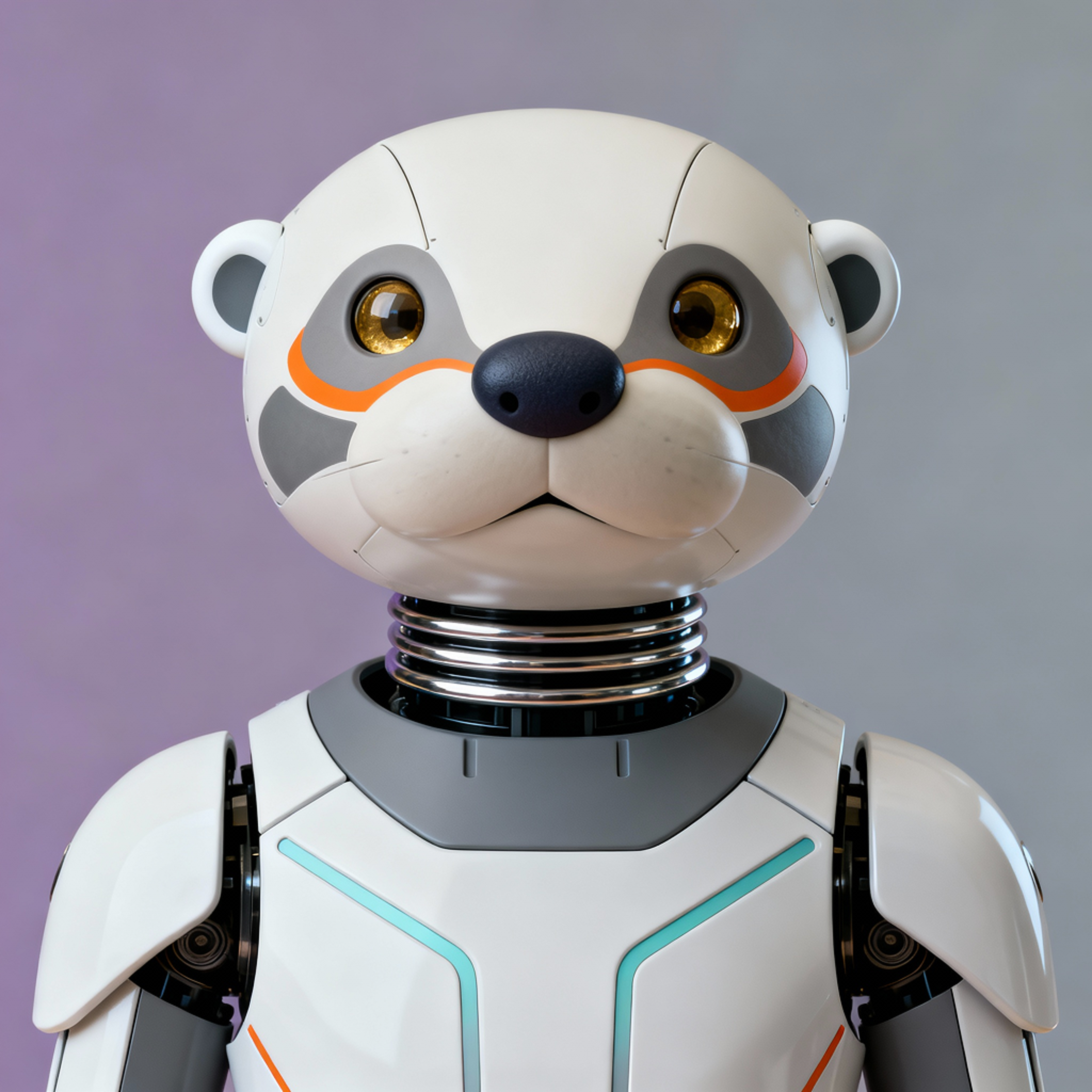 AI-generated portrait of a bear-inspired android with rounded ears and glowing amber eyes, featuring smooth armored plating, posed facing forward against a muted purple gradient background in diffused light.