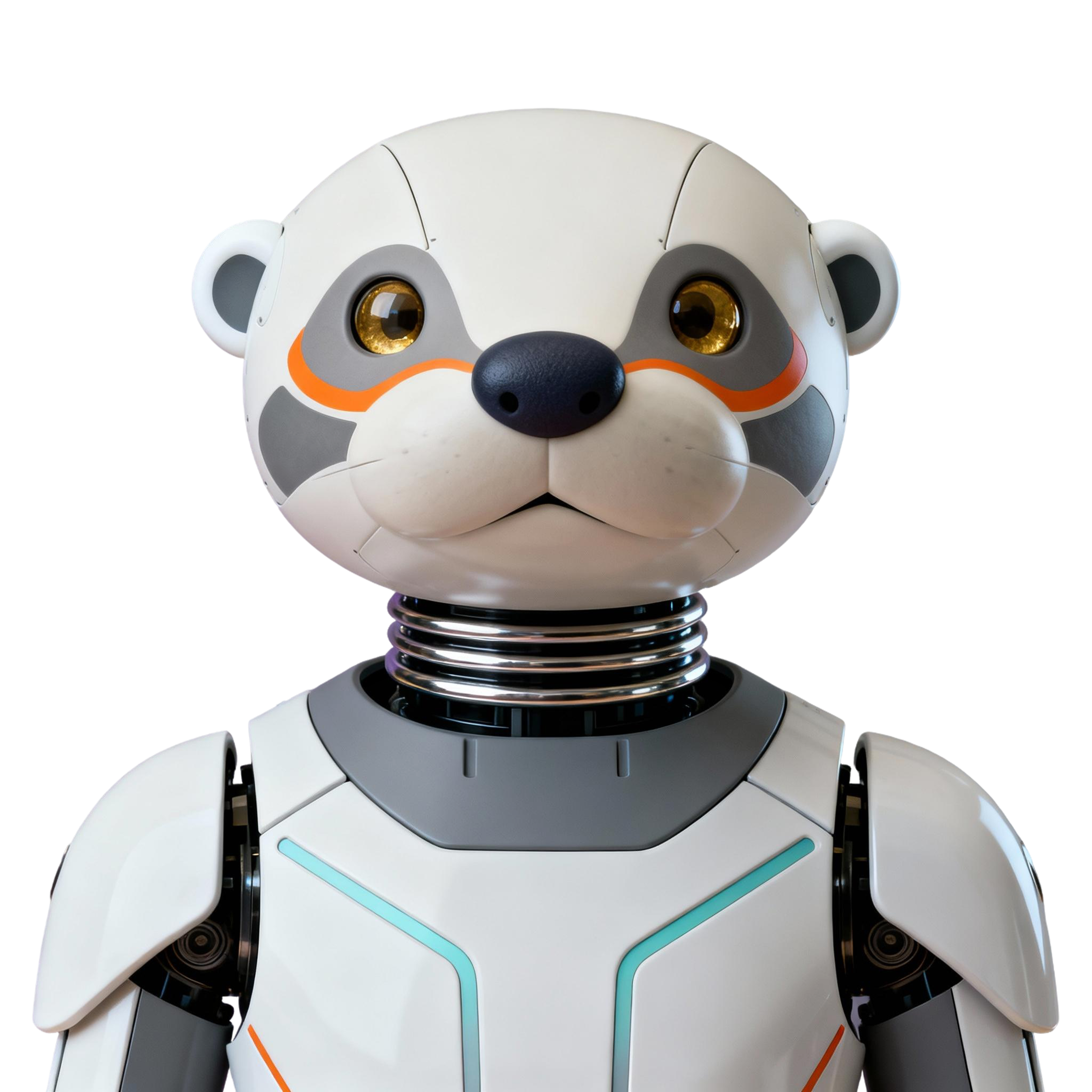 AI-generated portrait of a bear-inspired android with rounded ears and glowing amber eyes, featuring smooth armored plating, posed facing forward against a transparent background in diffused light.