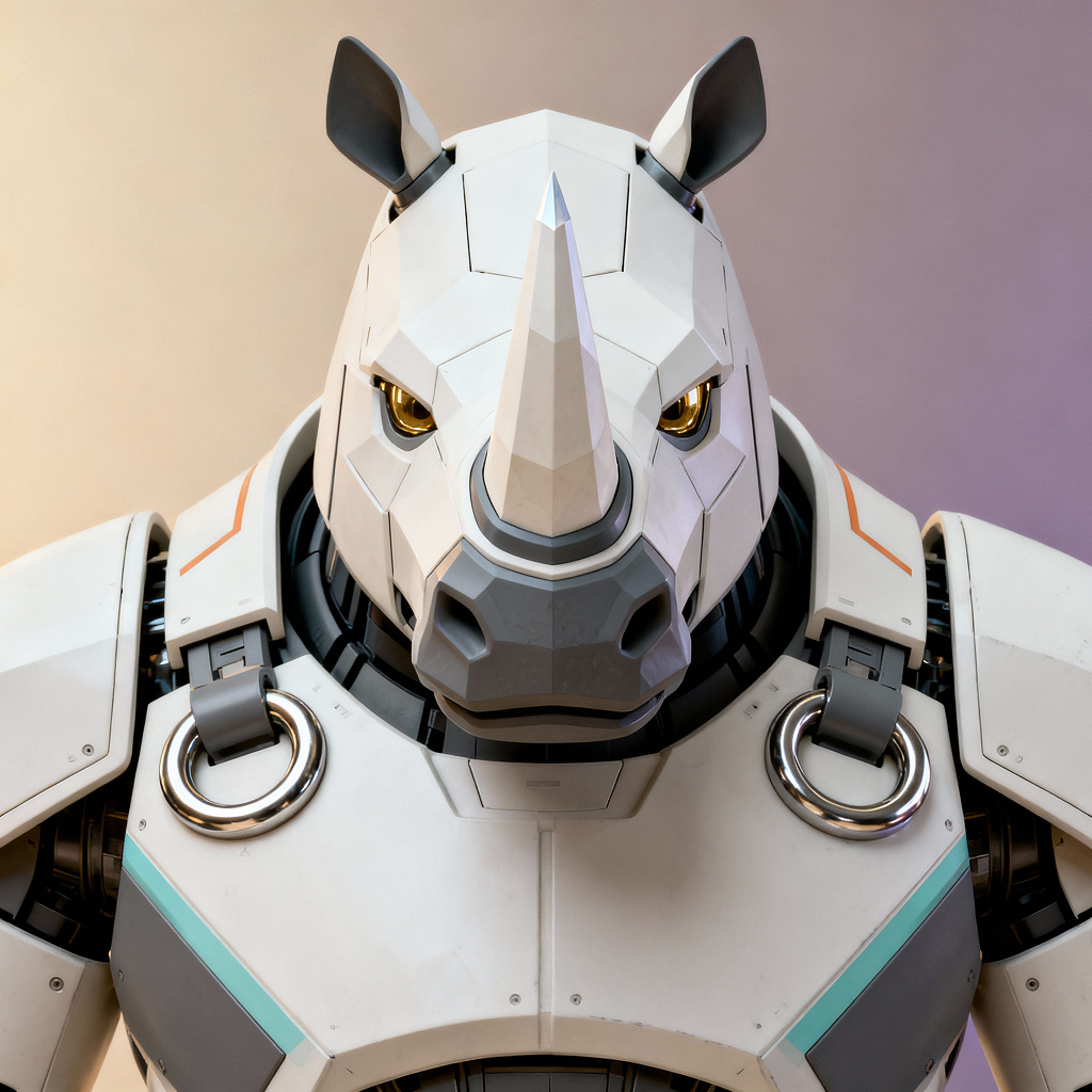 AI-generated portrait of a rhinoceros-inspired android with angular armor and a central horn, featuring metallic plating, posed facing forward against a warm gradient background in directional light.