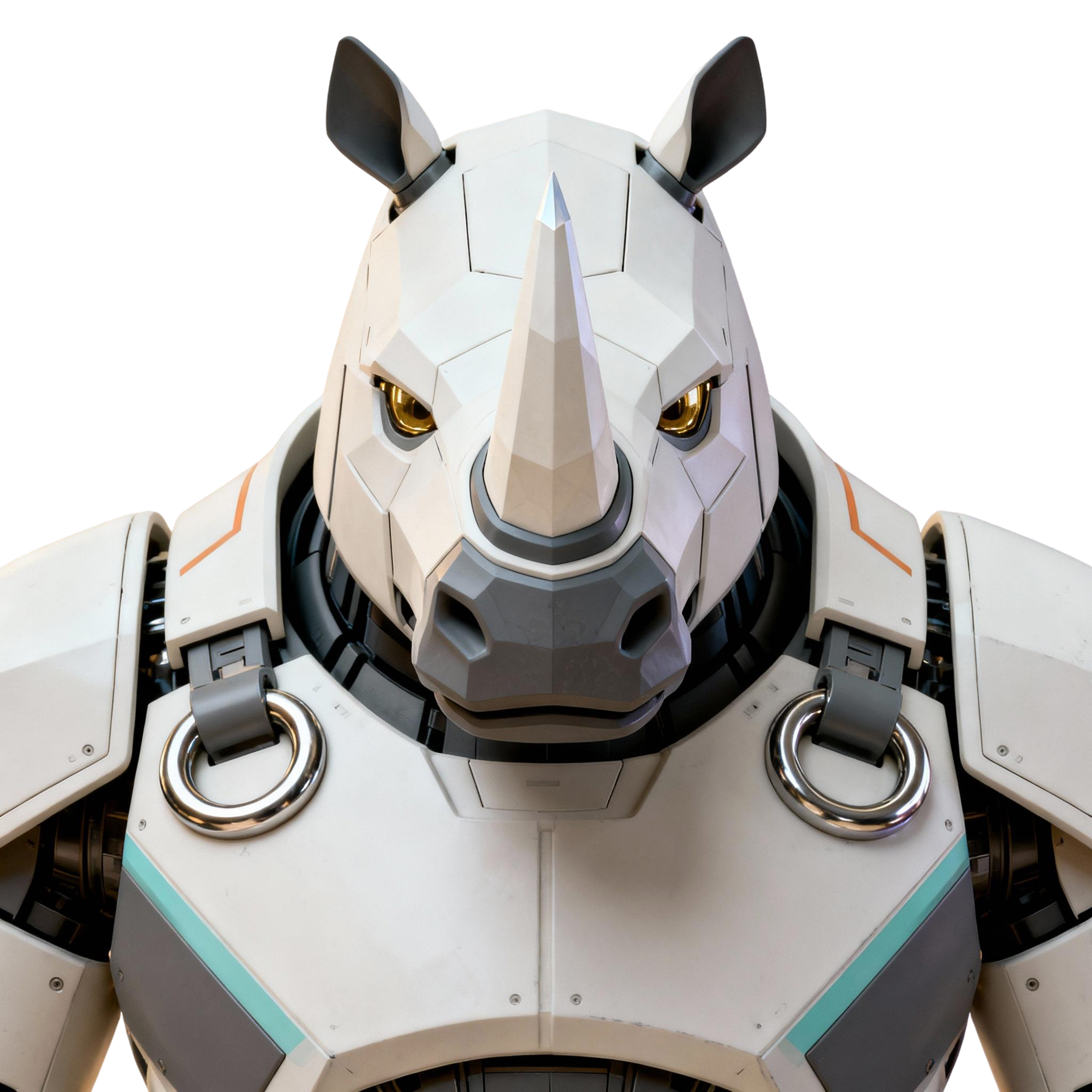 AI-generated portrait of a rhinoceros-inspired android with angular armor and a central horn, featuring metallic plating, posed facing forward against a transparent background in directional light.