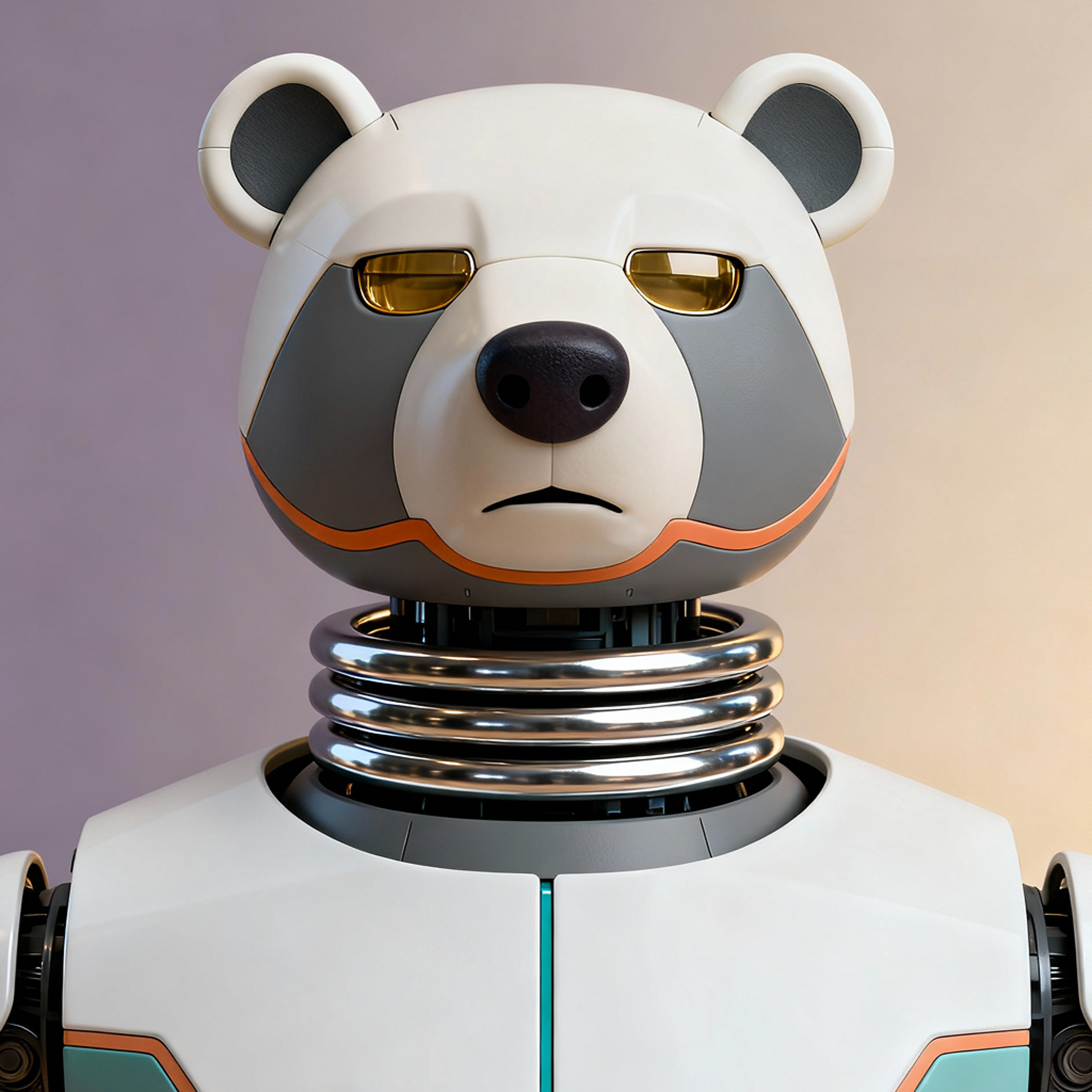 AI-generated portrait of a bear-inspired android with reinforced armor and glowing amber eyes, posed facing forward against a neutral gradient background in diffused light.