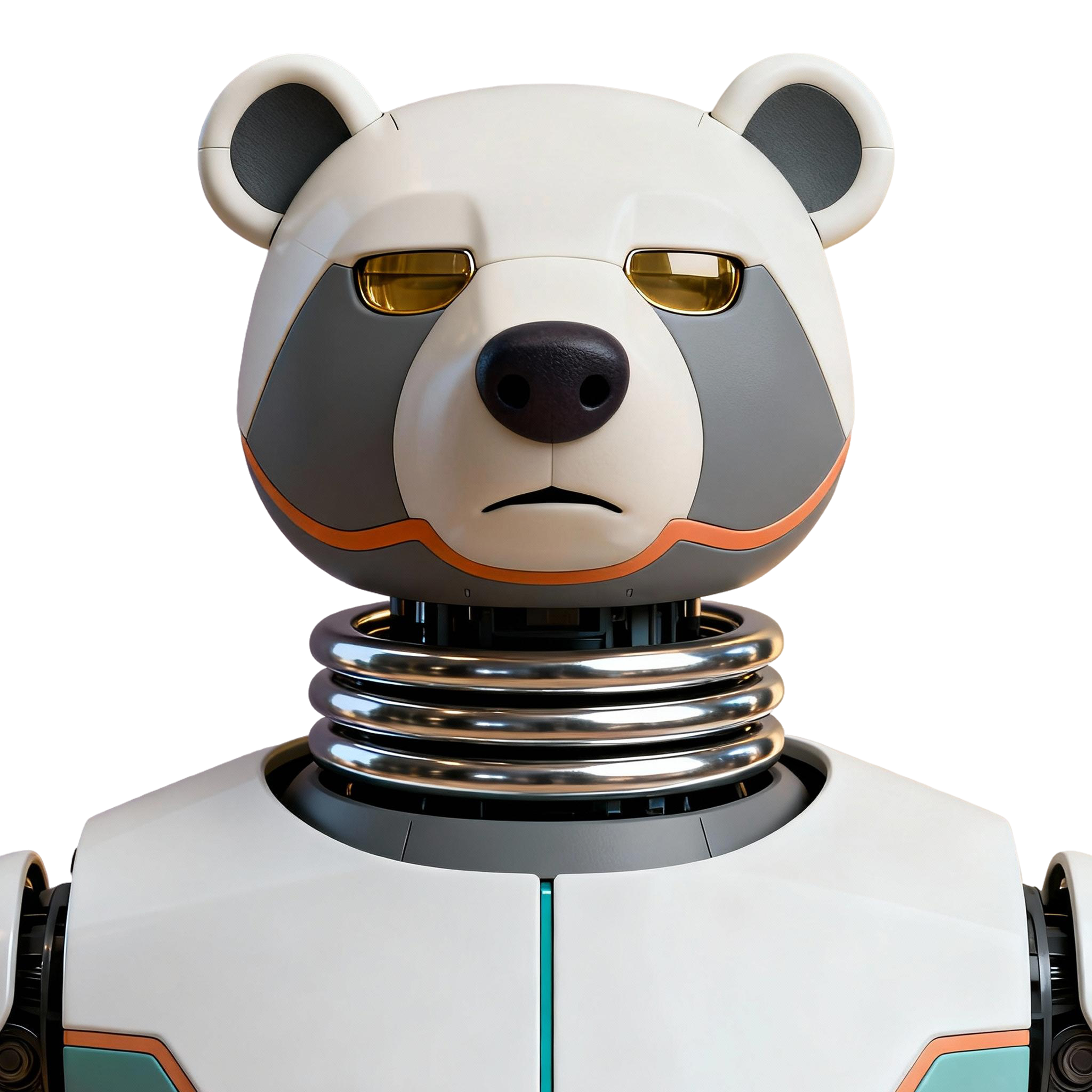 AI-generated portrait of a bear-inspired android with reinforced armor and glowing amber eyes, posed facing forward against a transparent background in diffused light.