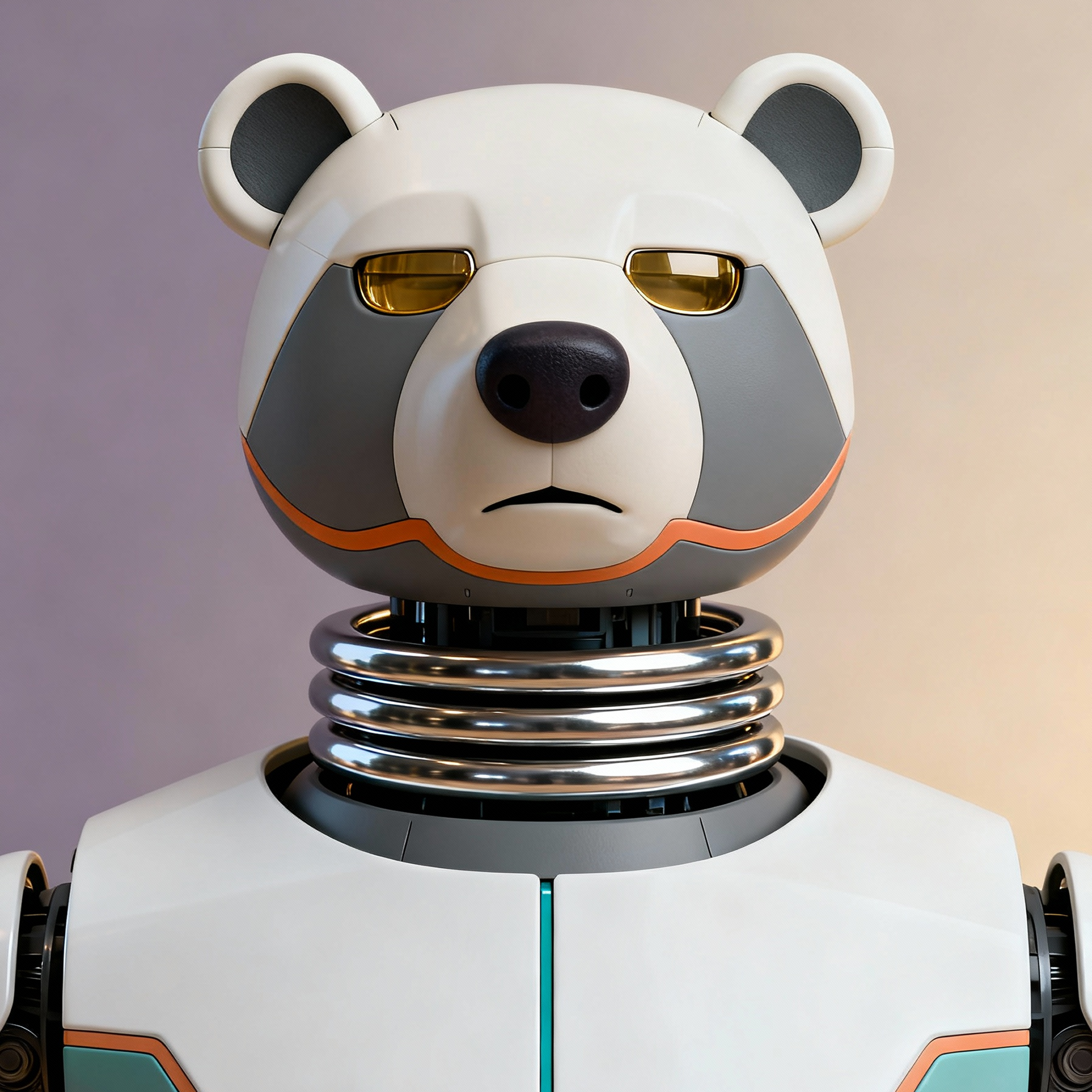 AI-generated portrait of a bear-inspired android with reinforced armor and glowing amber eyes, posed facing forward against a neutral gradient background in diffused light.