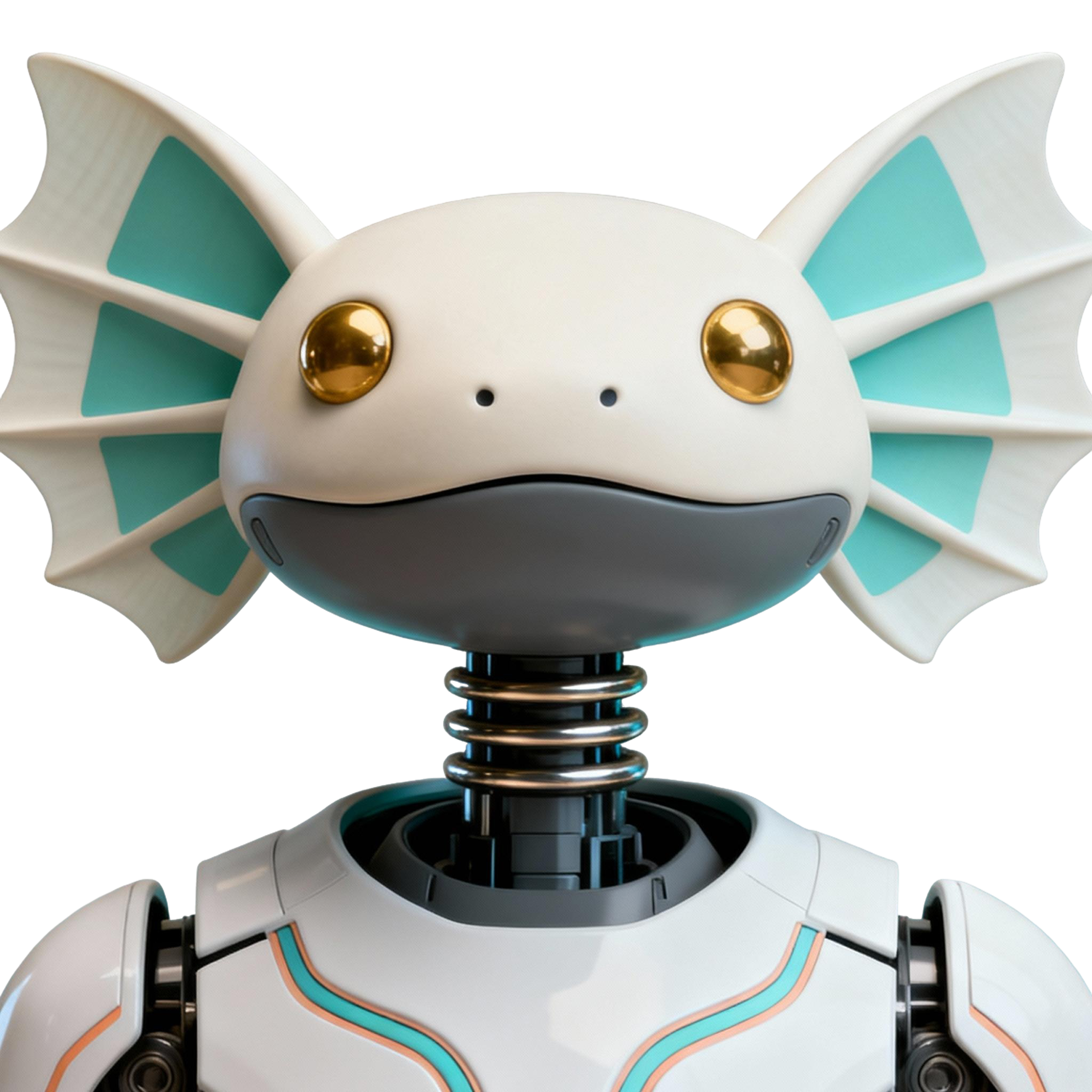 AI-generated portrait of an axolotl-inspired android with rounded head and fin-like side structures, featuring golden eyes and smooth plating, posed facing forward against a transparent background in diffused light.
